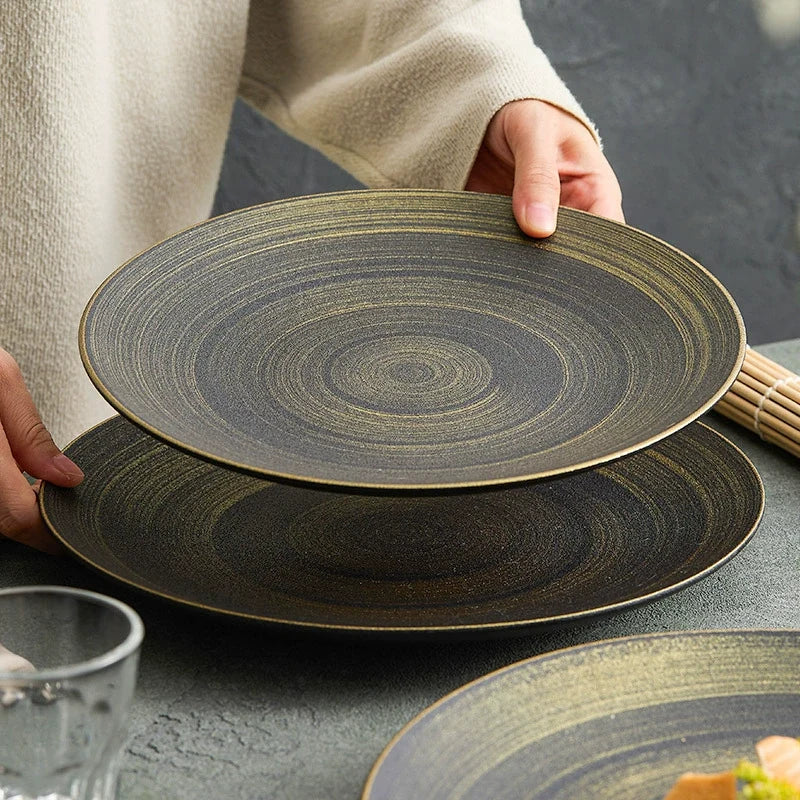 Luxury Black & Gold Ceramic Dinner Plate – Wujin Sand Textured Matte Glaze Fine Dining Tableware