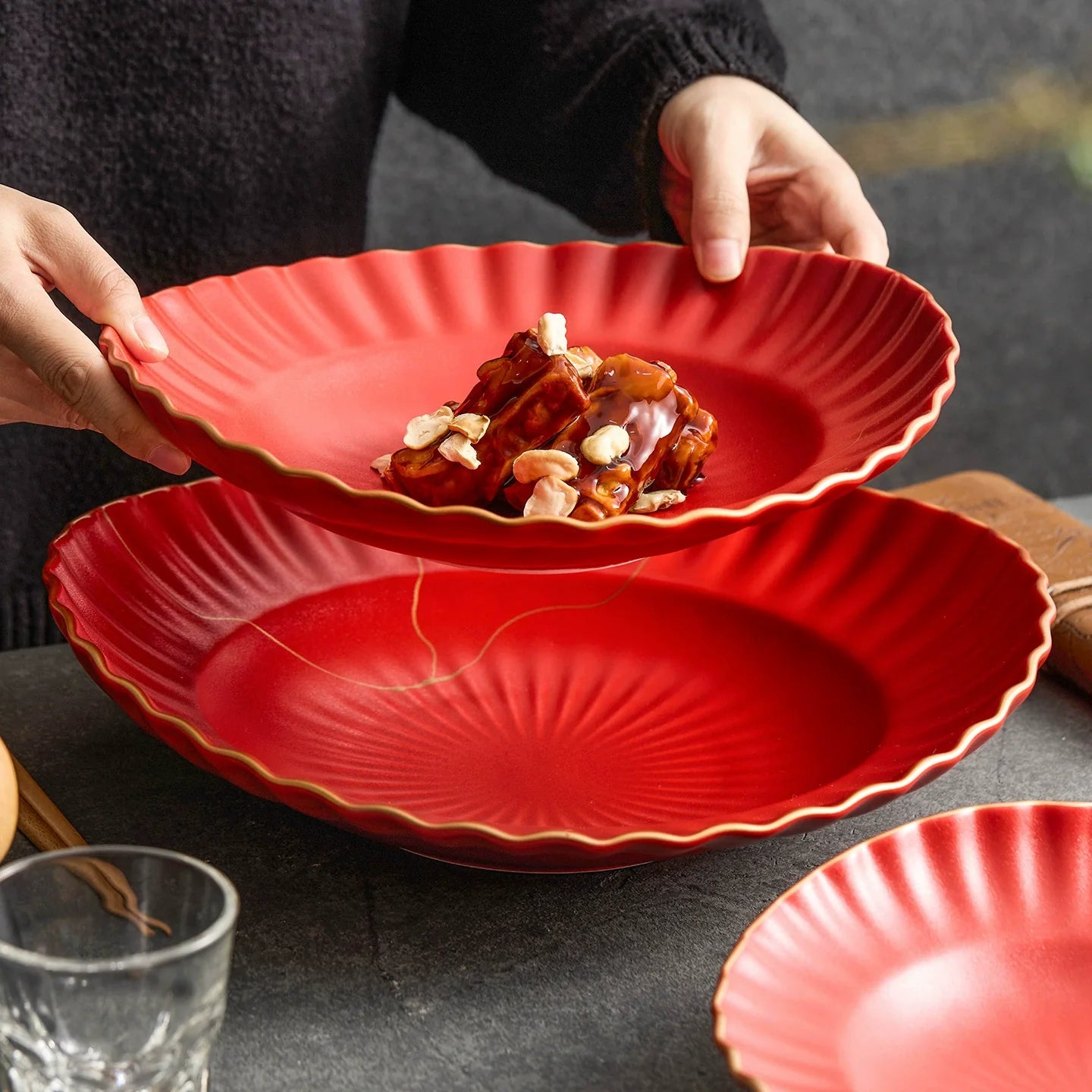 Luxury Red Ceramic Serving Bowl Set with Golden Rim – 9" / 11" / 13"