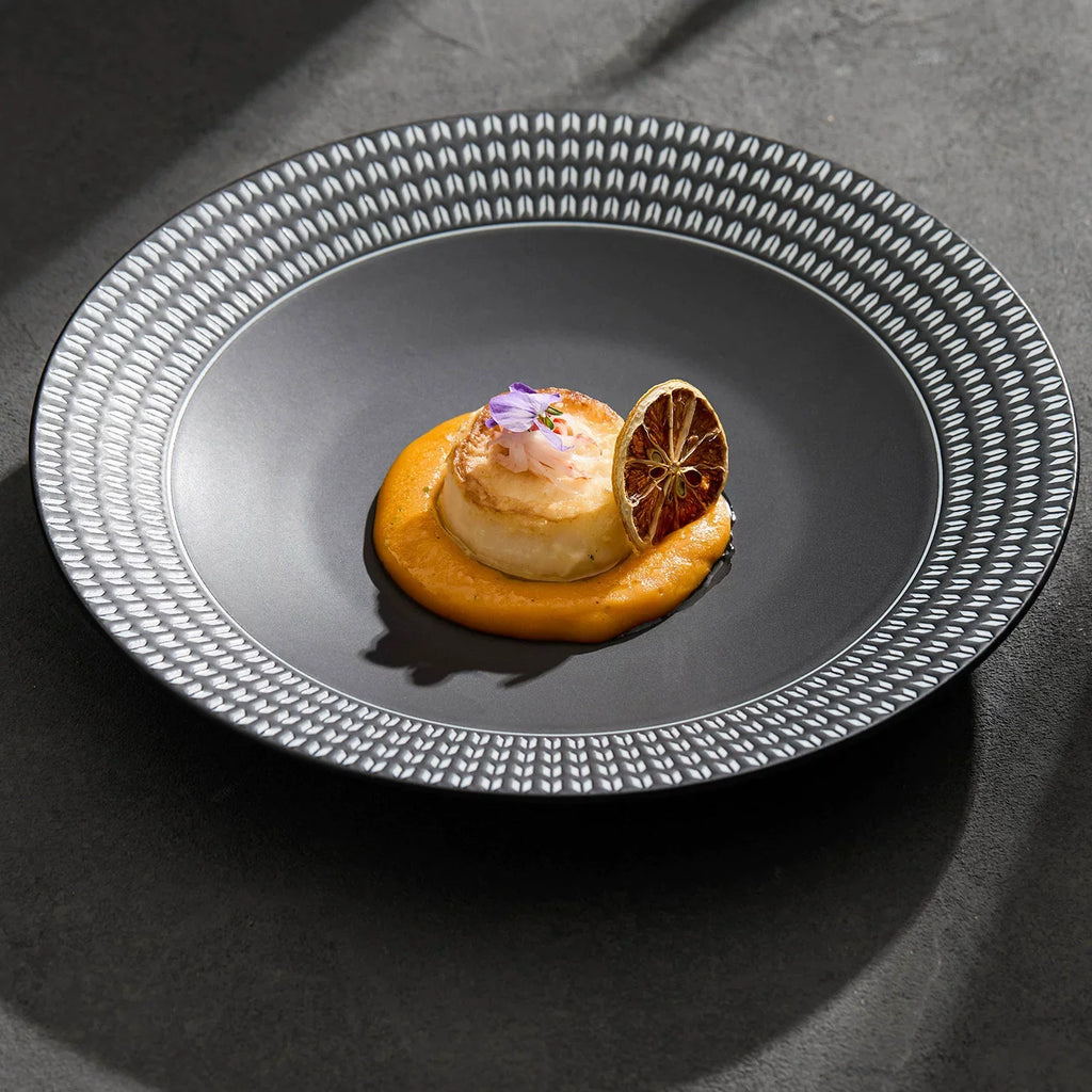 Chain-Link Geometric Matte Black Pasta Plate – Midnight Series