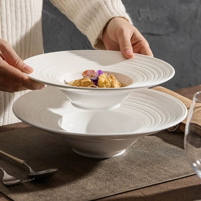 Handcrafted Ripple-Texture Wide-Rim Plate – 7.5" / 9" / 10" Fine Dining Ceramic Hat Plate