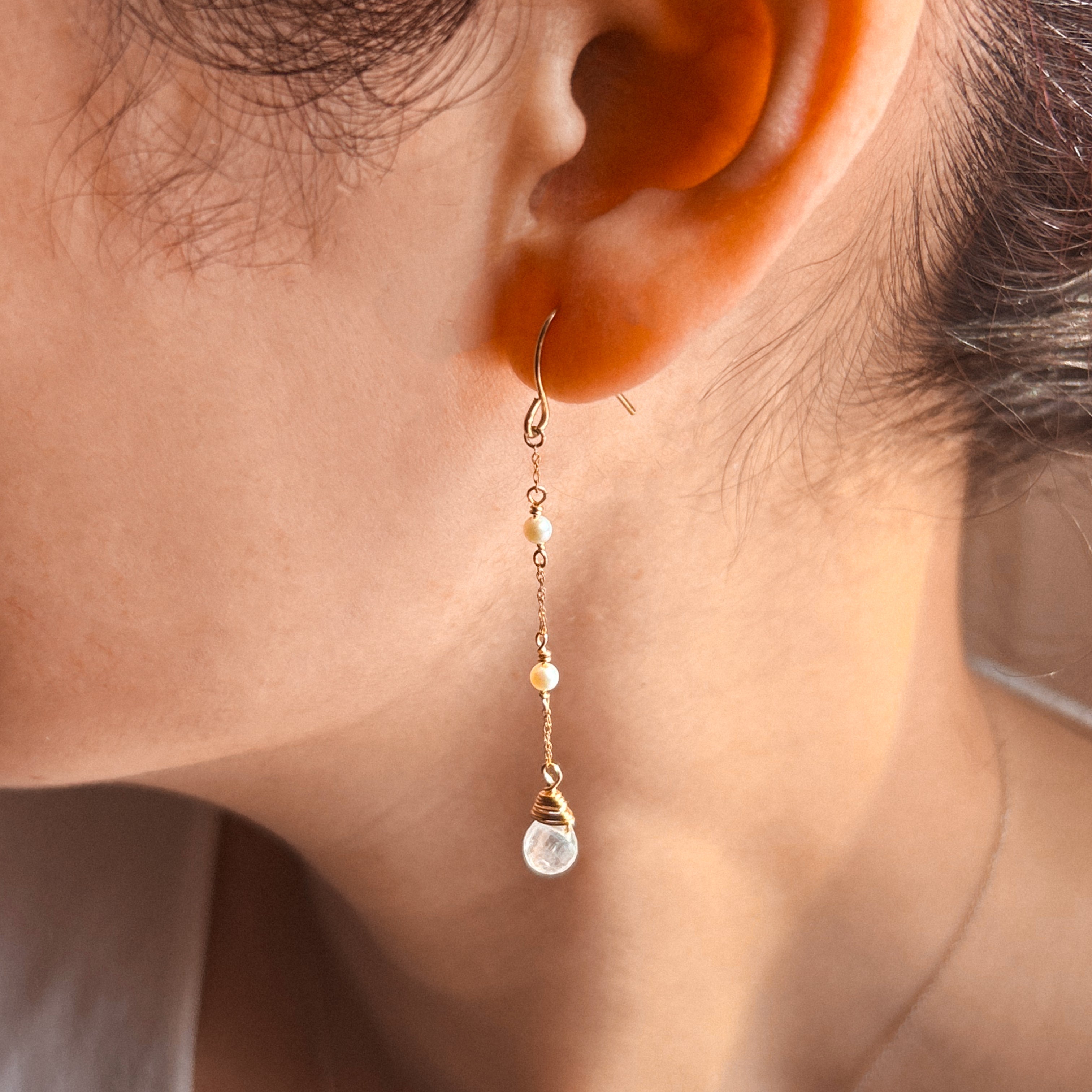 Moonstone & Pearl Drop Earrings | 14K Gold