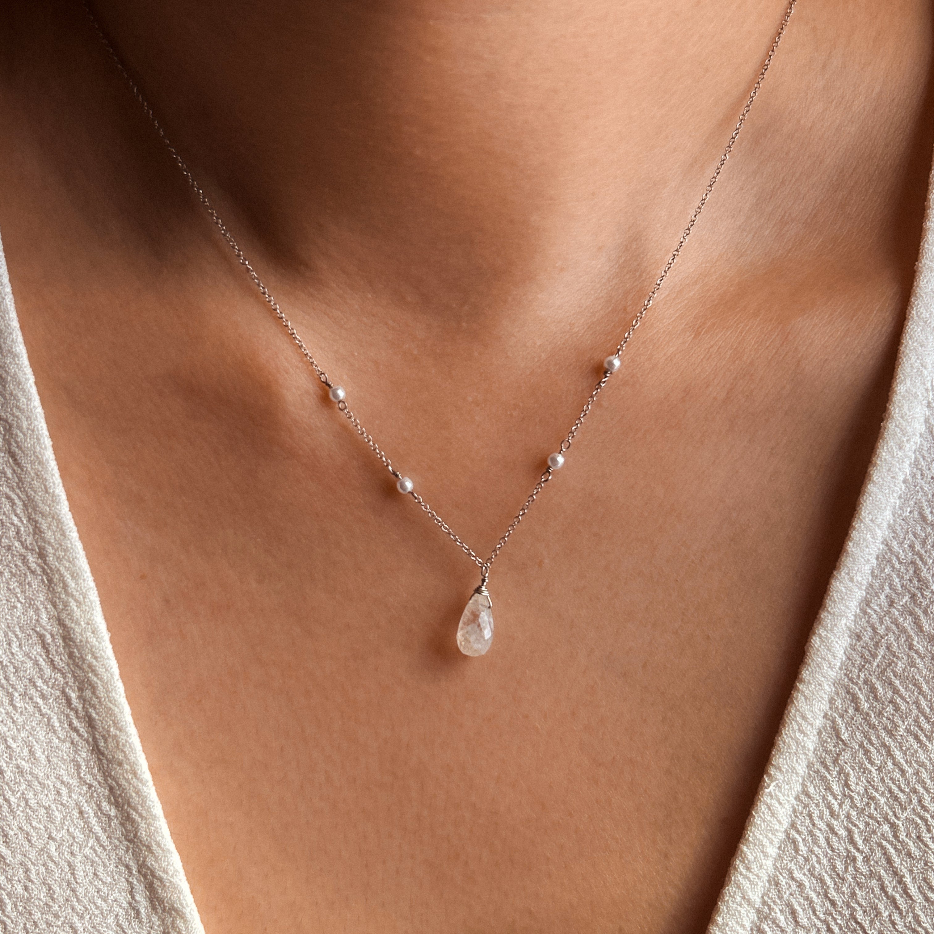 Moonstone & Pearl Drop Necklace | 14K Gold