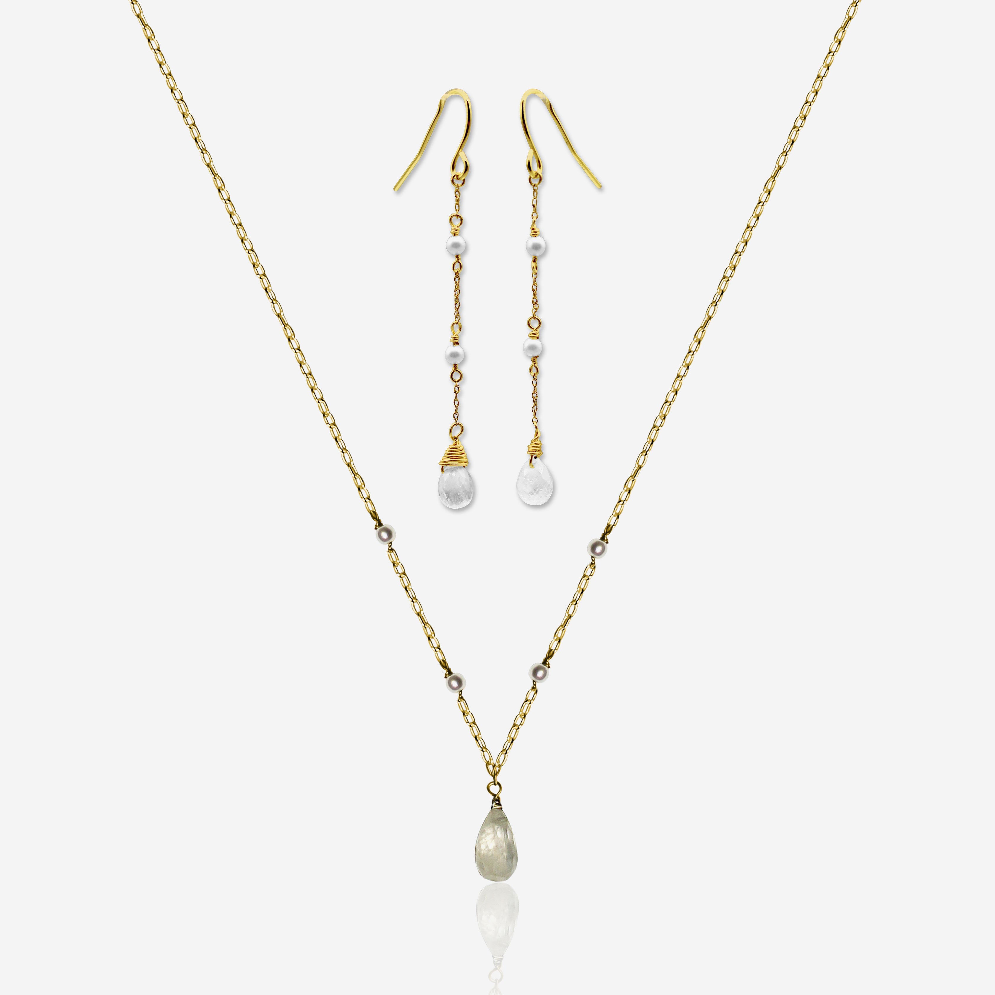 Moonstone & Pearl Jewelry Set | Earrings & Necklace | 14K Gold