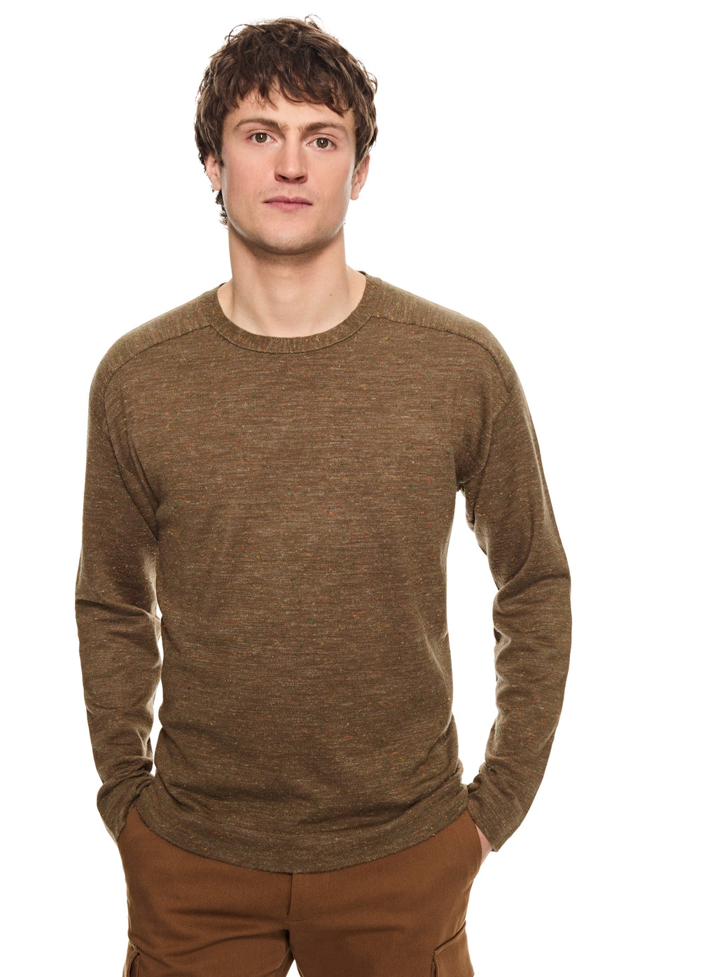 Modern Fleck Linen-Blend Crewneck Sweater (Khaki Multi)