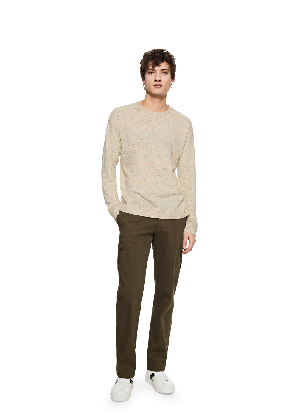 Modern Fleck Linen-Blend Crewneck Sweater (Straw Multi)
