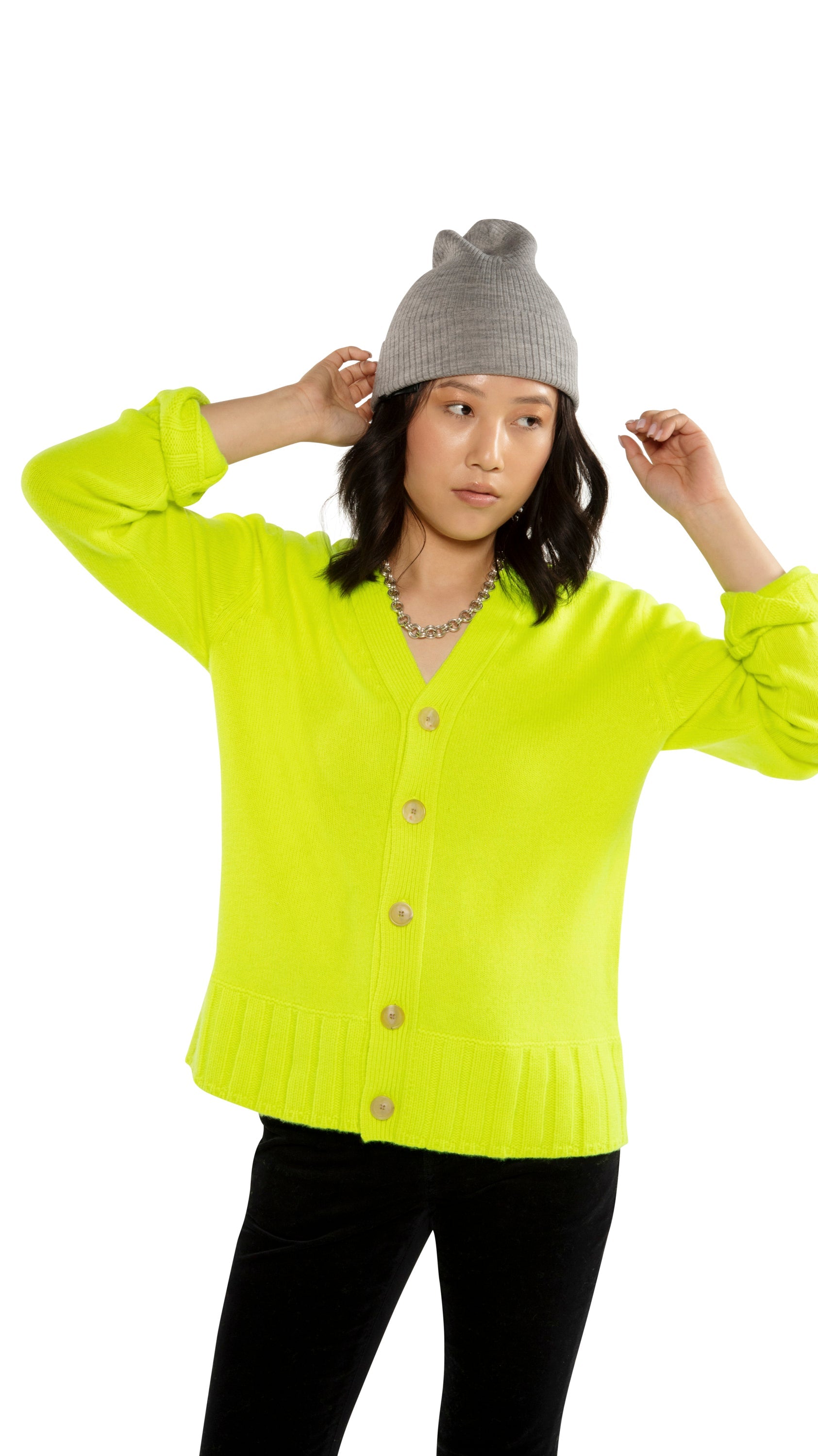 Cashmere-Blend Cardigan Sweater (Neon-Yellow)