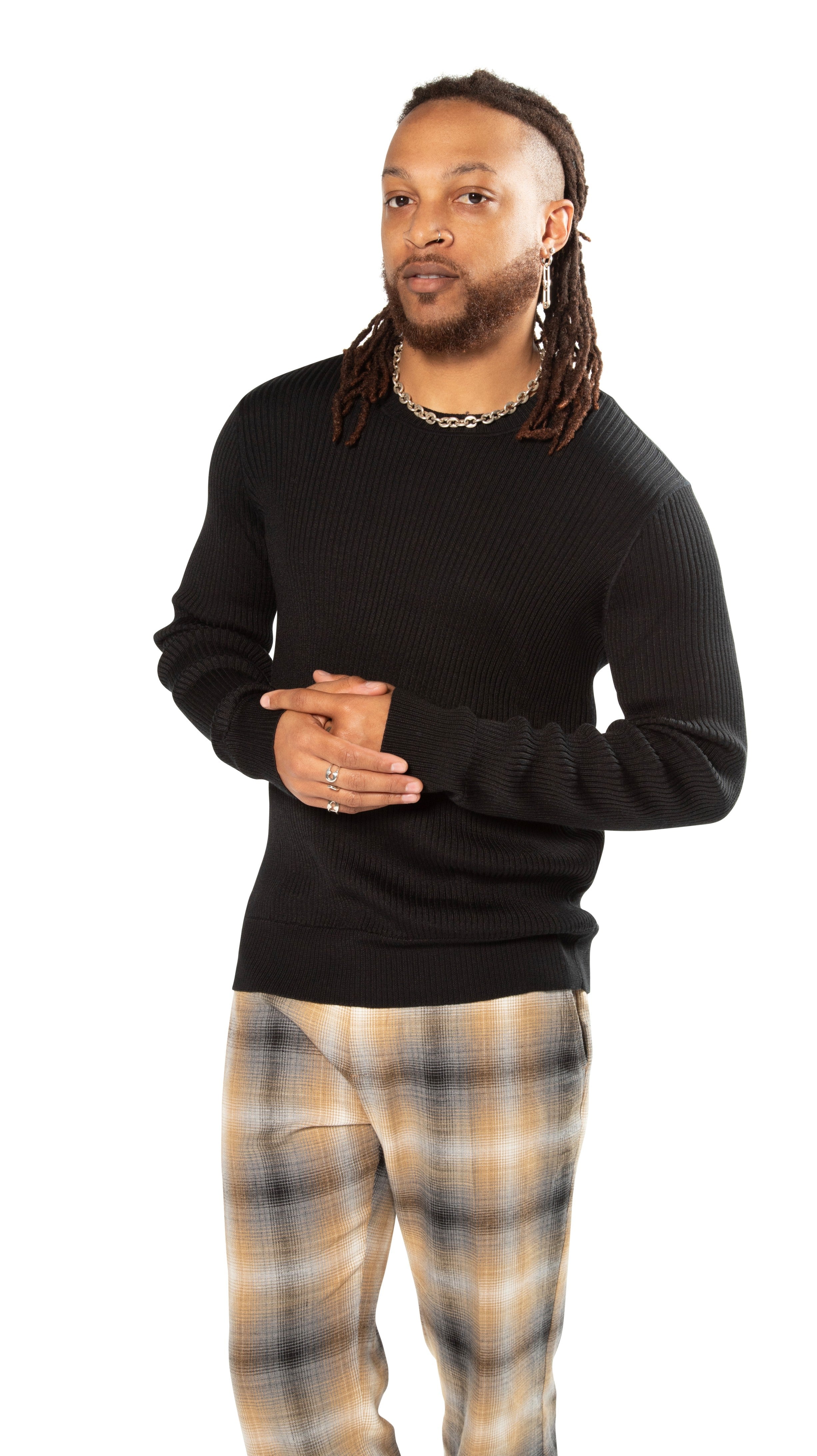Ribbed Poor Boy Crewneck Sweater (Black)