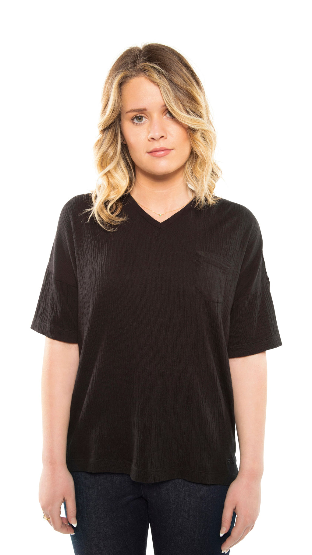 Crinkle Cotton Relaxed V-Neck (Black)