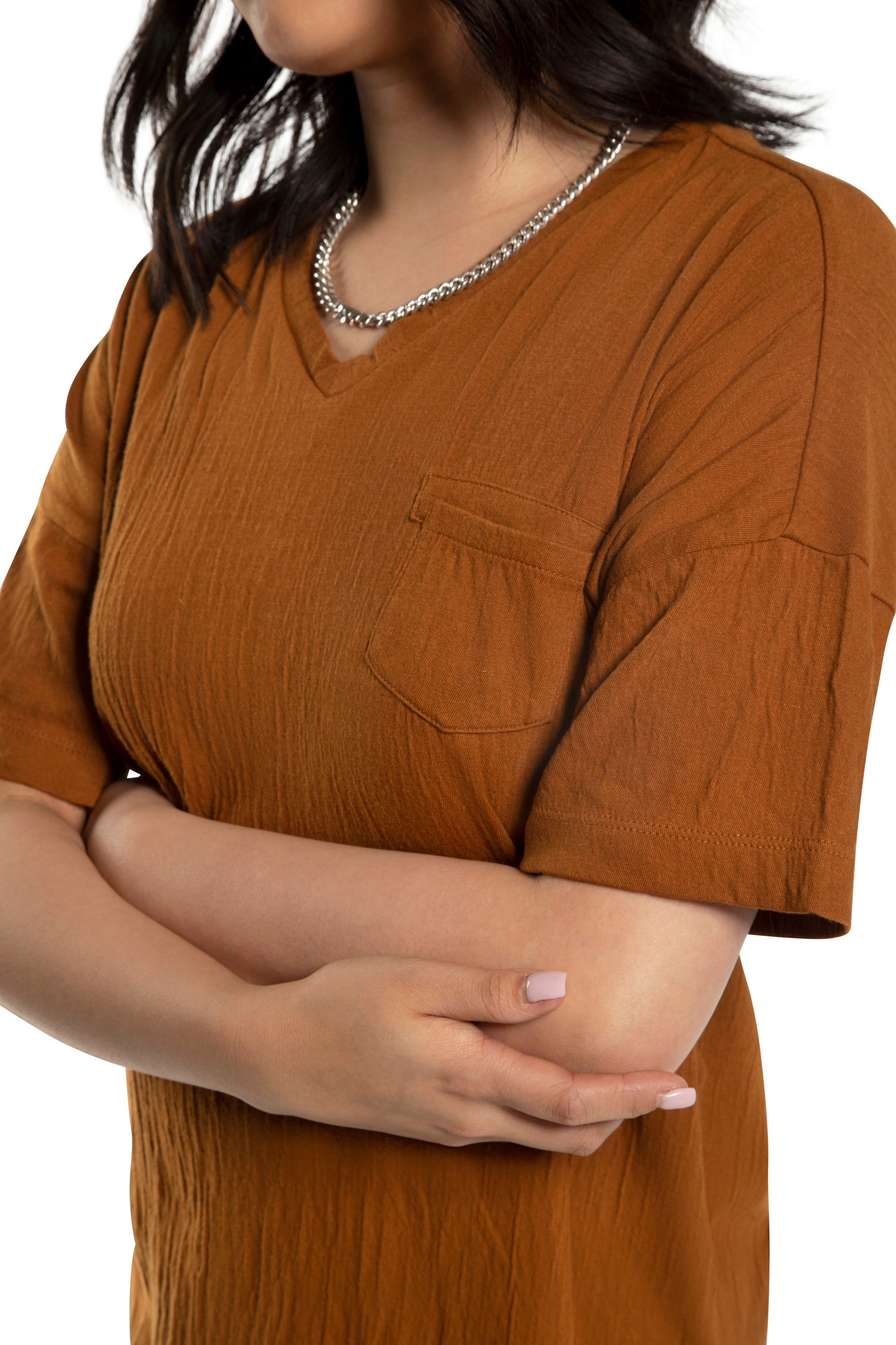 Crinkle Cotton Relaxed V-Neck (Copper)