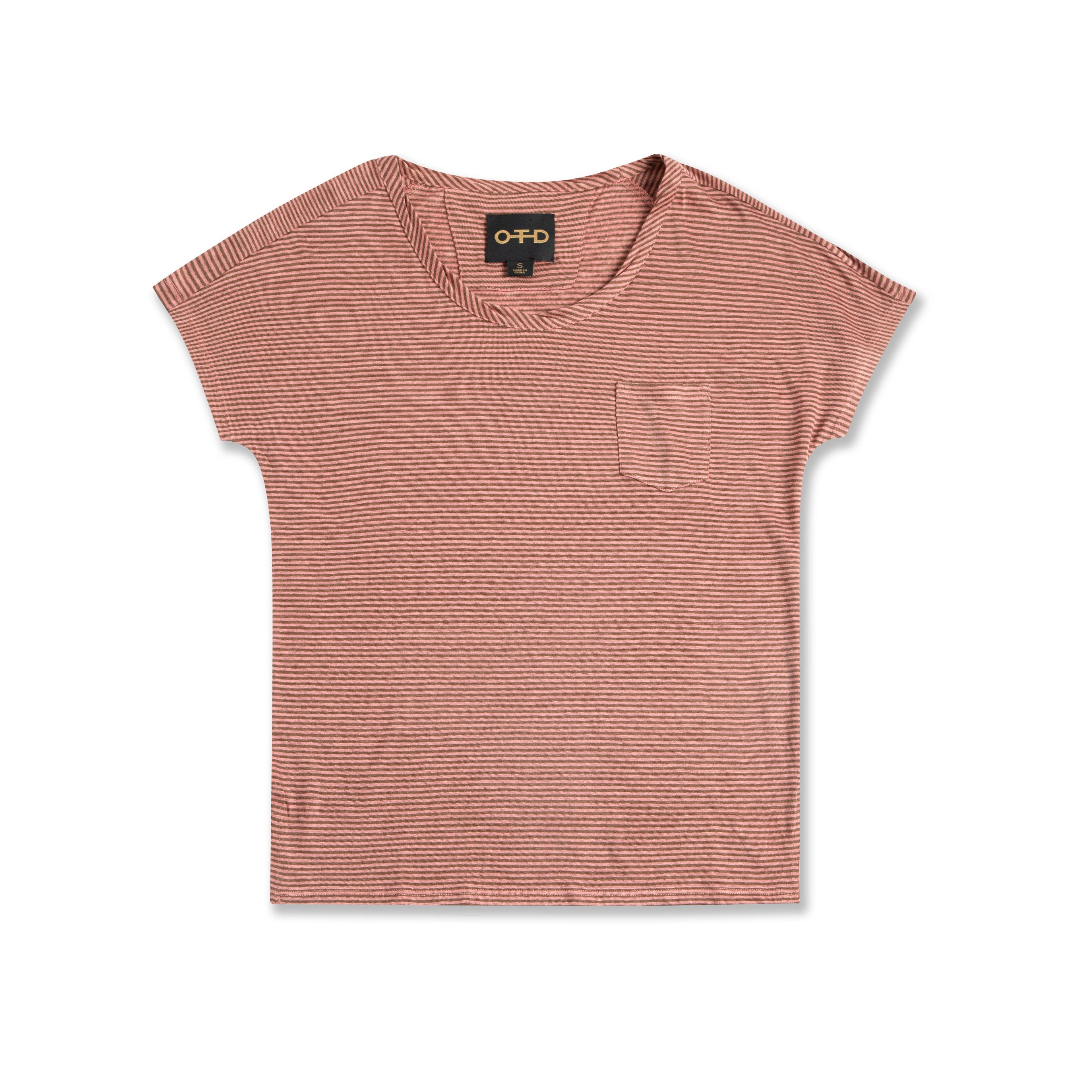 Linen Stripe Pocket Tee (Dark Coral)