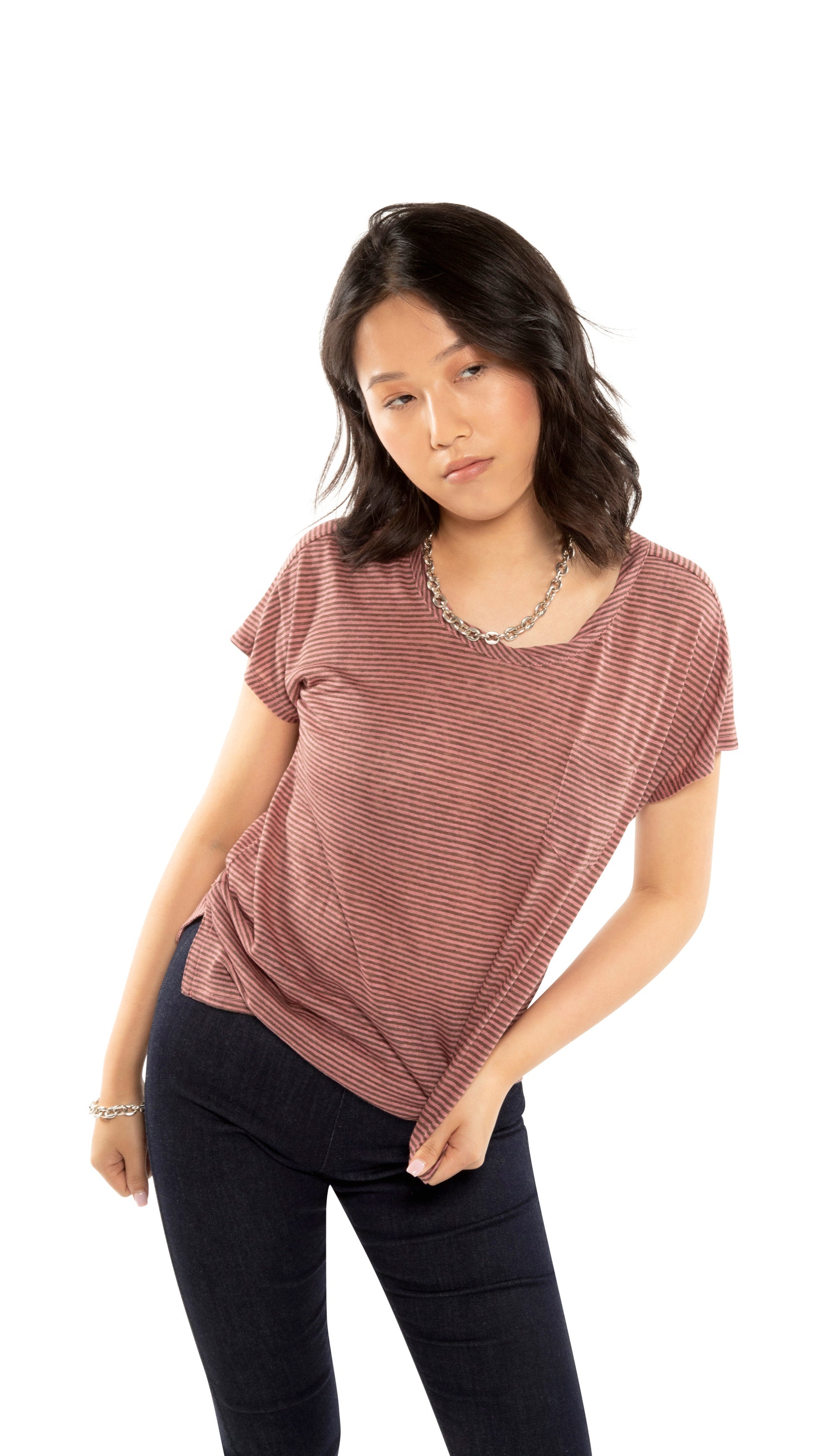 Linen Stripe Pocket Tee (Dark Coral)