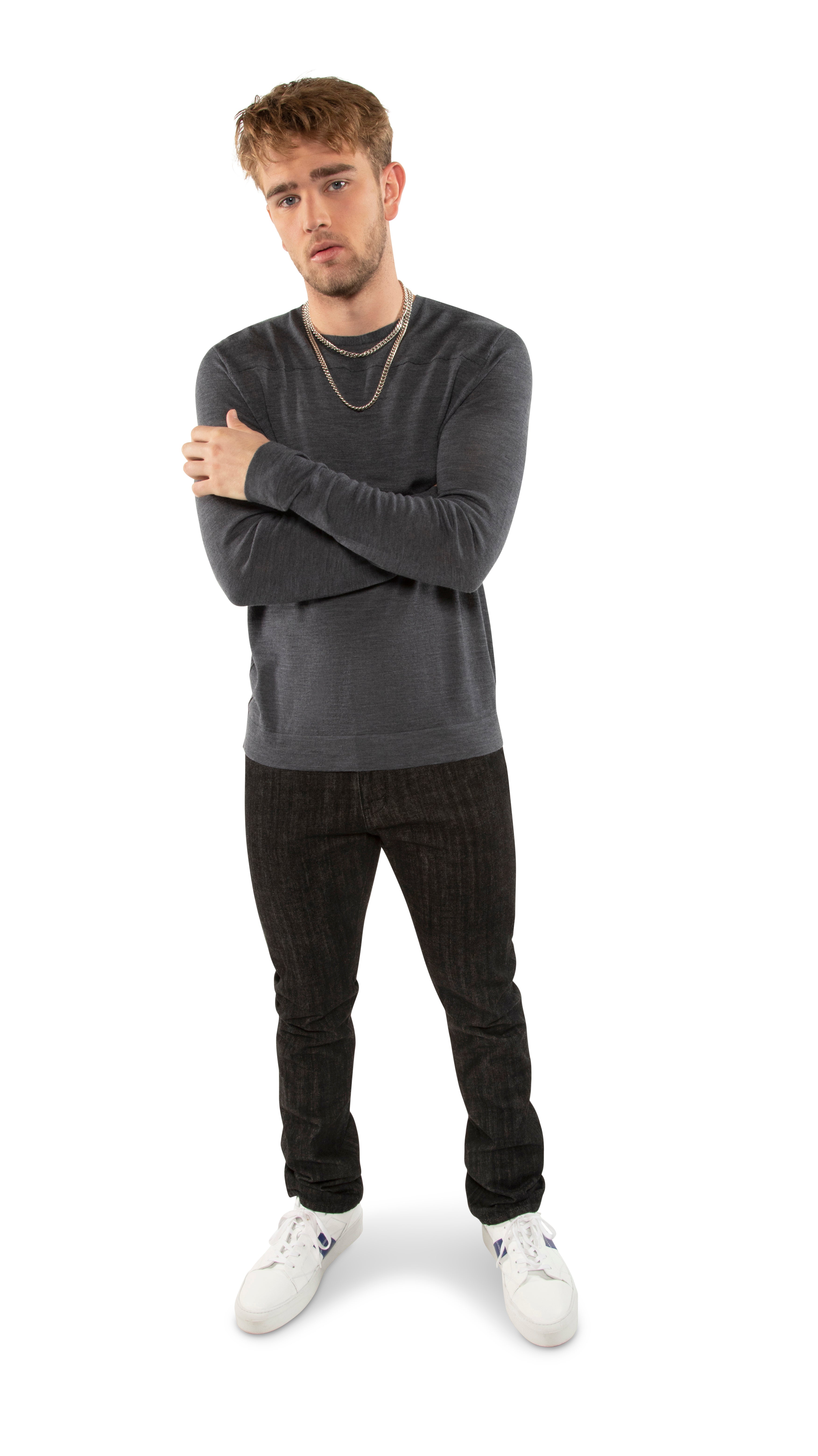 Long Sleeve Crewneck Sweater With Yoke Detail (Grey Heather)