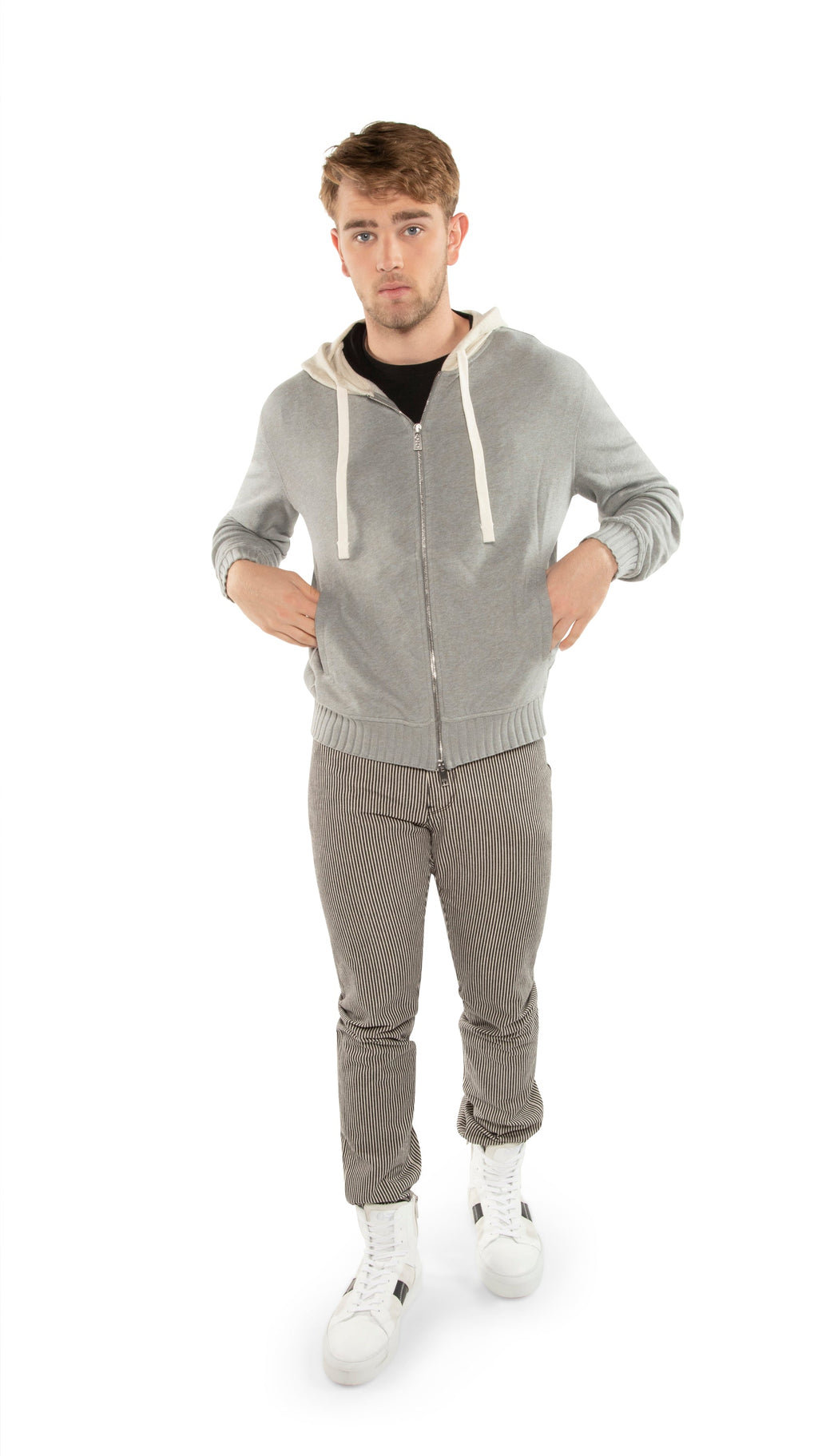 Long Sleeve Zip Front Knit Sweatshirt With Color-Block Hood and Tape Detail
