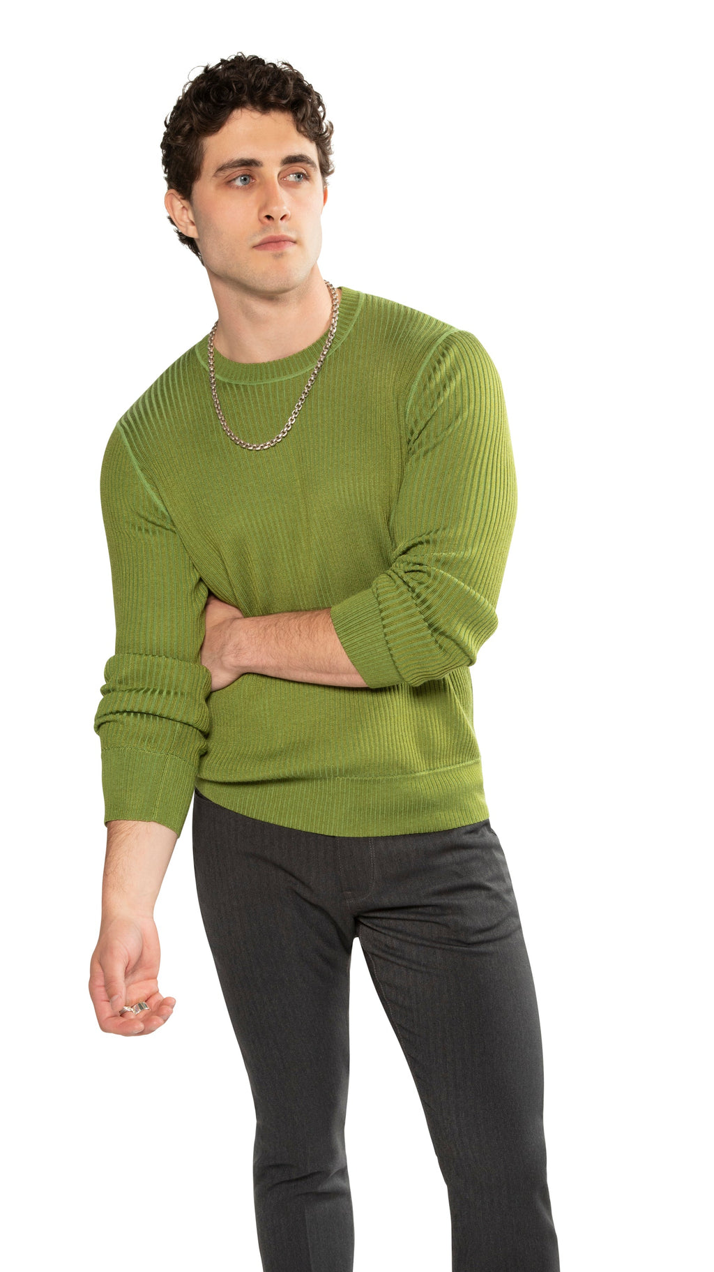 Ribbed Poor Boy Crewneck Sweater (Bright Olive)