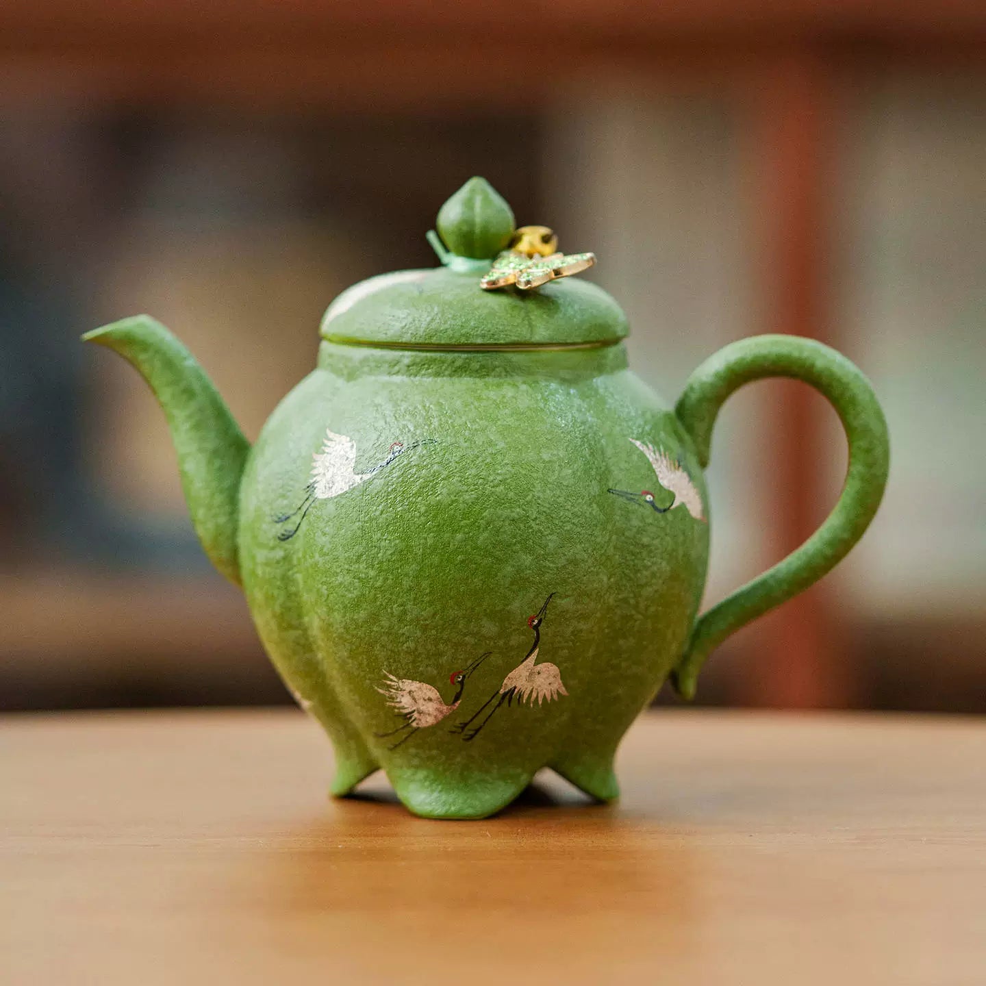 Crane Green Glaze Teapot — Handcrafted Zisha Pot with Enamel Butterfly Lid