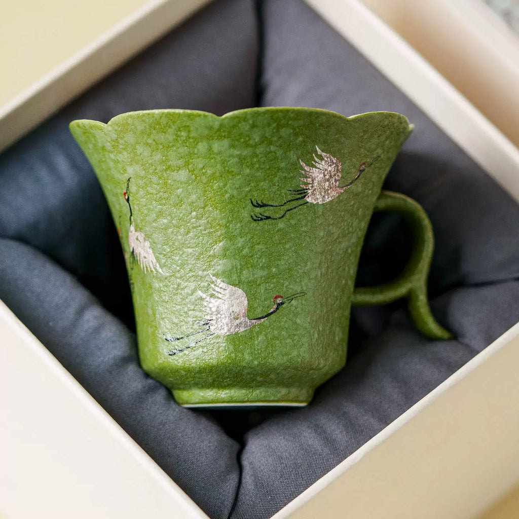 Crane Dance Porcelain Teacup — Celadon Green Floral Rim Teacup with Handle | Gift Set Edition