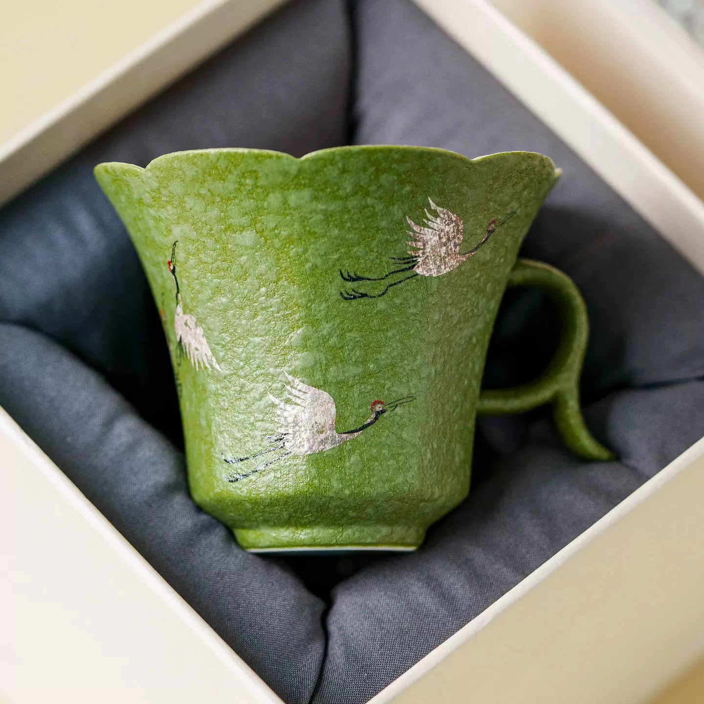 Crane Dance Porcelain Teacup — Celadon Green Floral Rim Teacup with Handle | Gift Set Edition