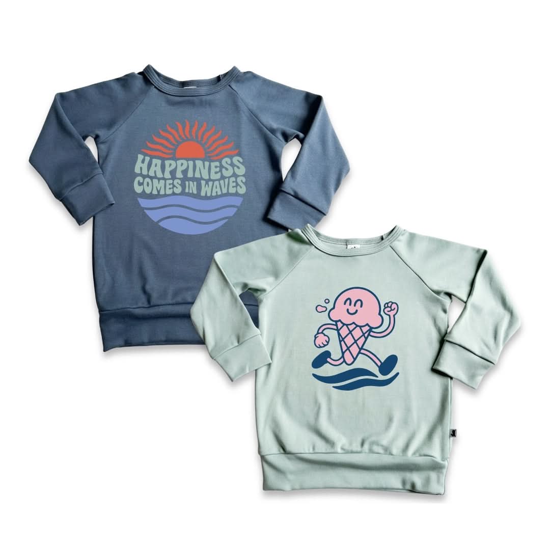 Baby/Kids' Bamboo Graphic Raglan Pullover | "Happiness Comes In Waves" On Navy