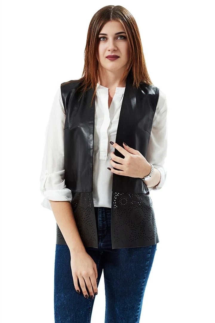 Tawana Black Front Open Leather Vest Jacket for Women
