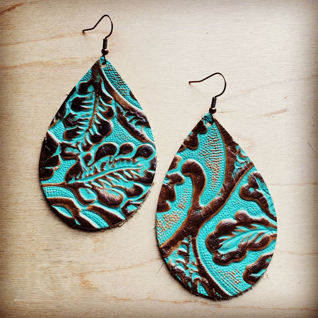 **Leather Teardrop Earrings in Cowboy Turquoise 203b