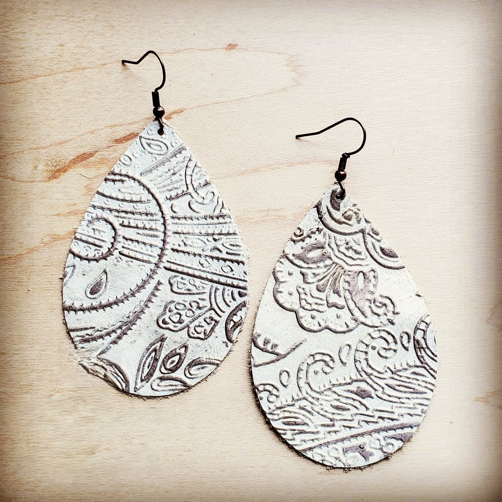 **Leather Teardrop Earring-Oyster Paisley 203h