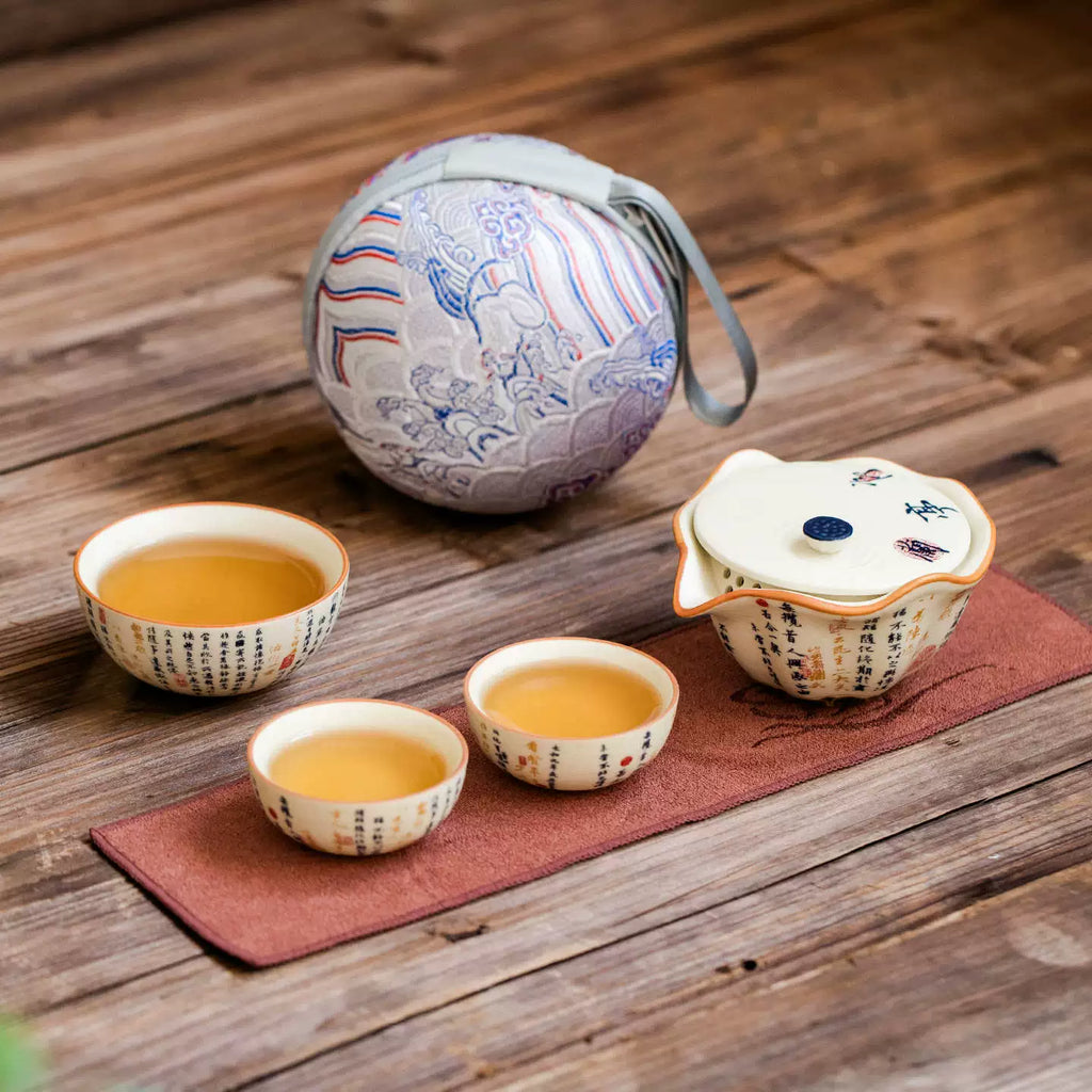 Portable Travel Tea Set – Yanmian White Porcelain with Calligraphy & Lotus Design