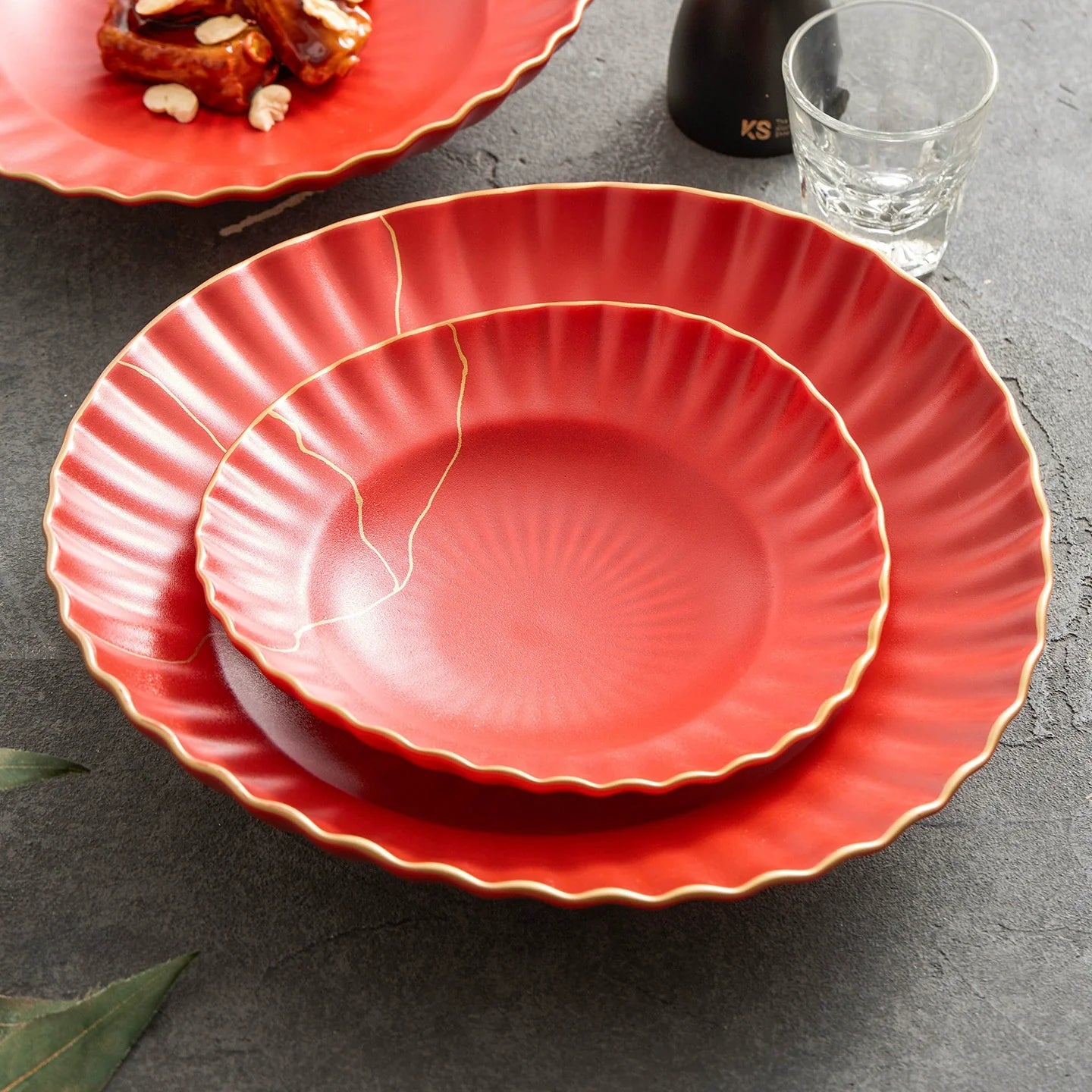Luxury Red Ceramic Serving Bowl Set with Golden Rim – 9" / 11" / 13"