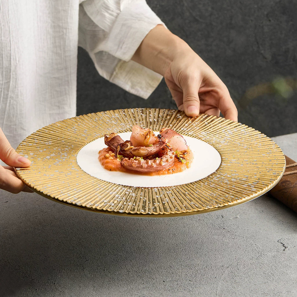 Golden Radial Gear Charger Plate – 12-Inch Artisanal Ceramic Presentation Plate