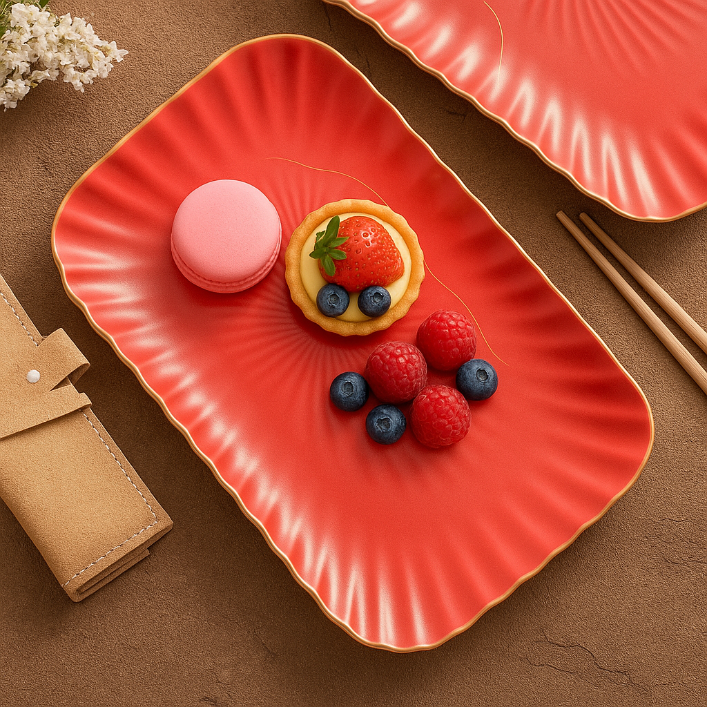 Luxury Red Ceramic Serving Platter – Rectangular Dinner Plate with Golden Rim