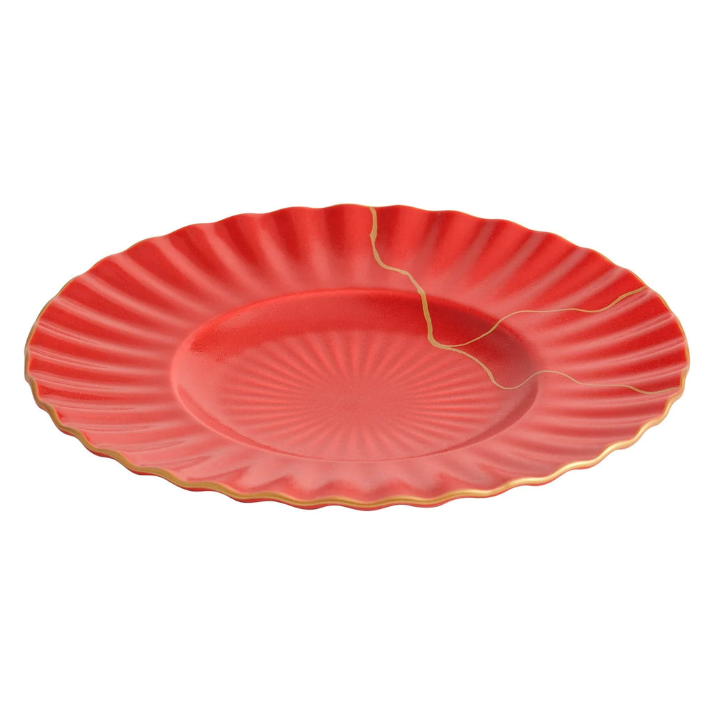 Luxury Red Ceramic Dinner Plate with Golden Veins – Elegant Dining Collection