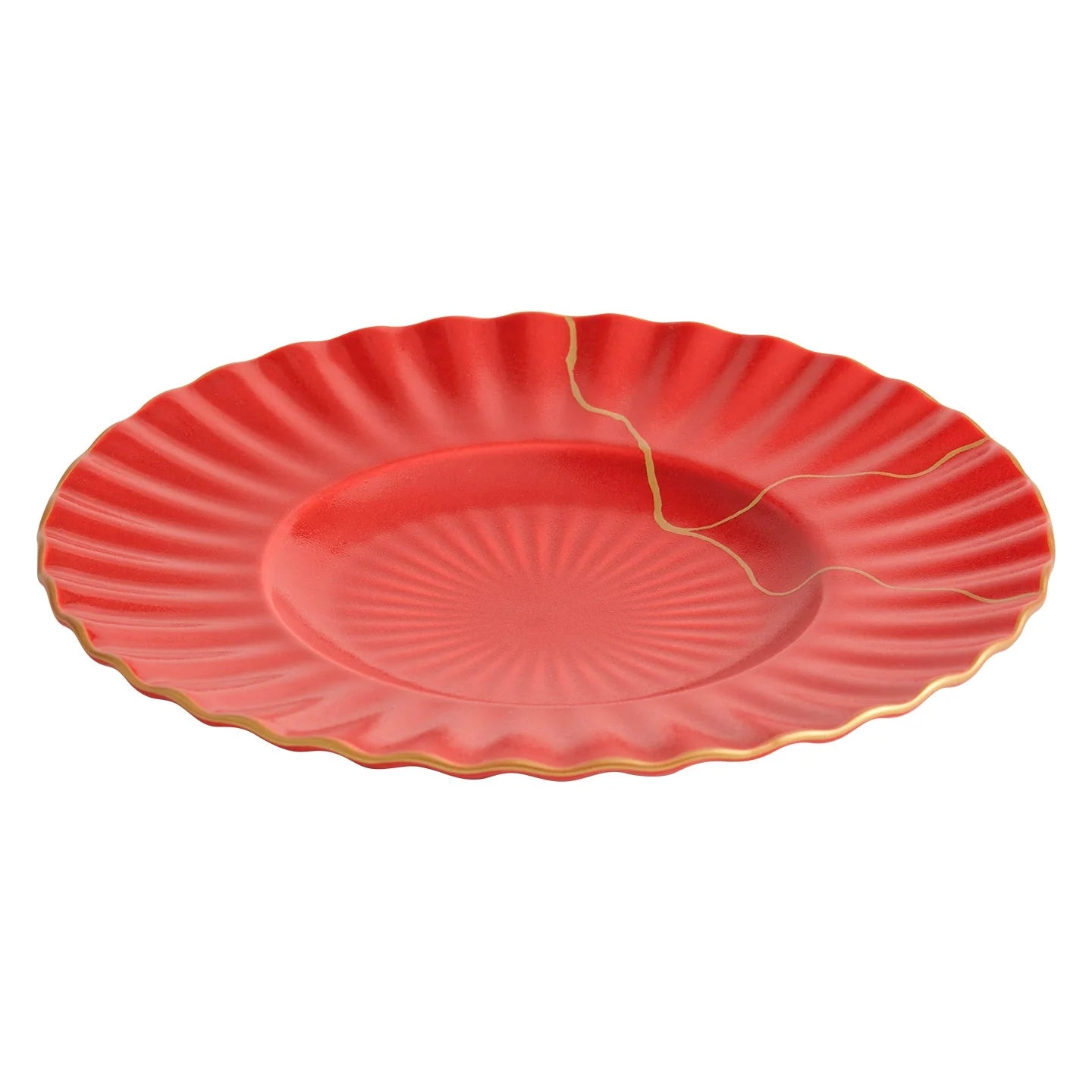 Luxury Red Ceramic Dinner Plate with Golden Veins – Elegant Dining Collection