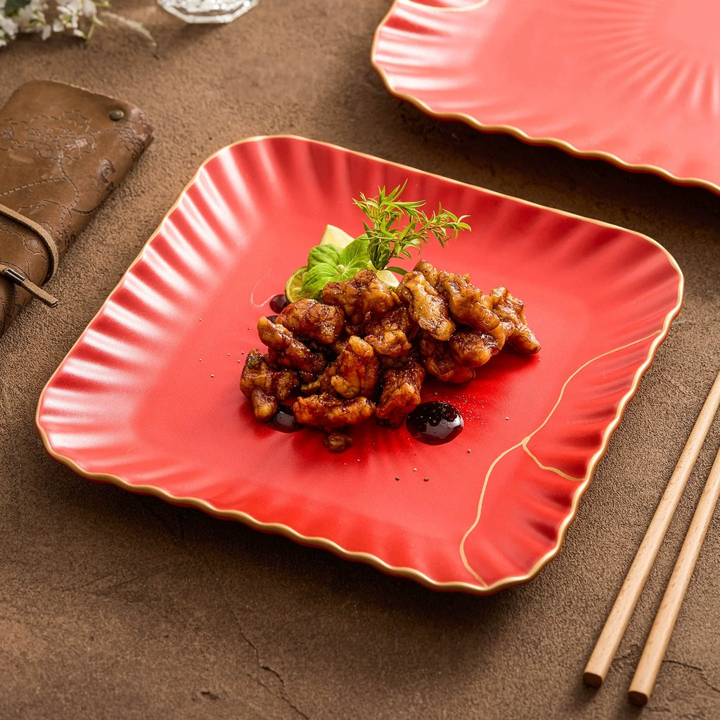 Red Vermilion Glazed Porcelain Square Plate – Kintsugi Design Series