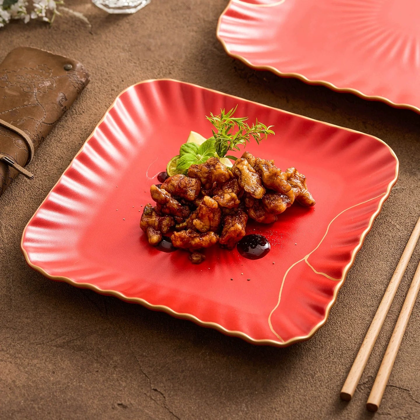 Red Vermilion Glazed Porcelain Square Plate – Kintsugi Design Series