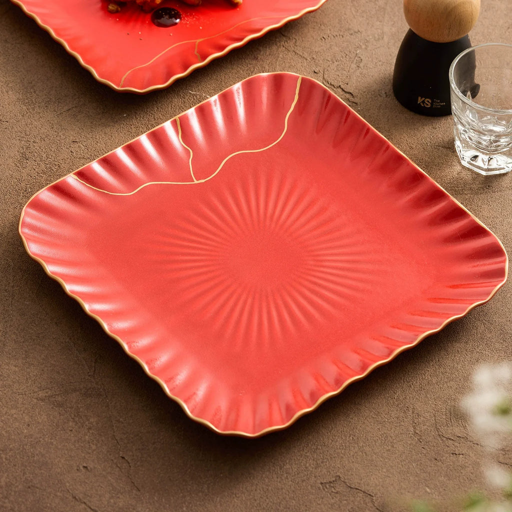 Red Vermilion Glazed Porcelain Square Plate – Kintsugi Design Series