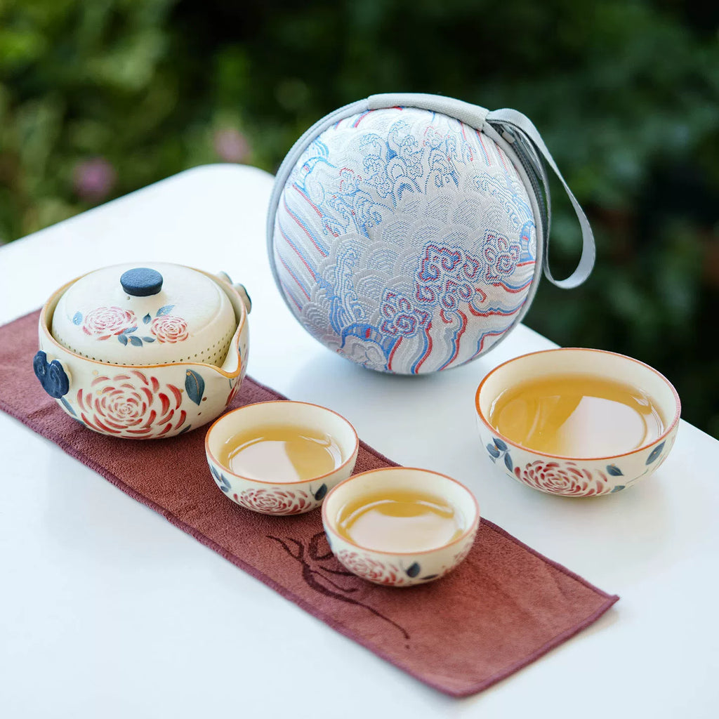 Portable Travel Tea Set – Yanmian White Porcelain Gold Rose Ruyi Series