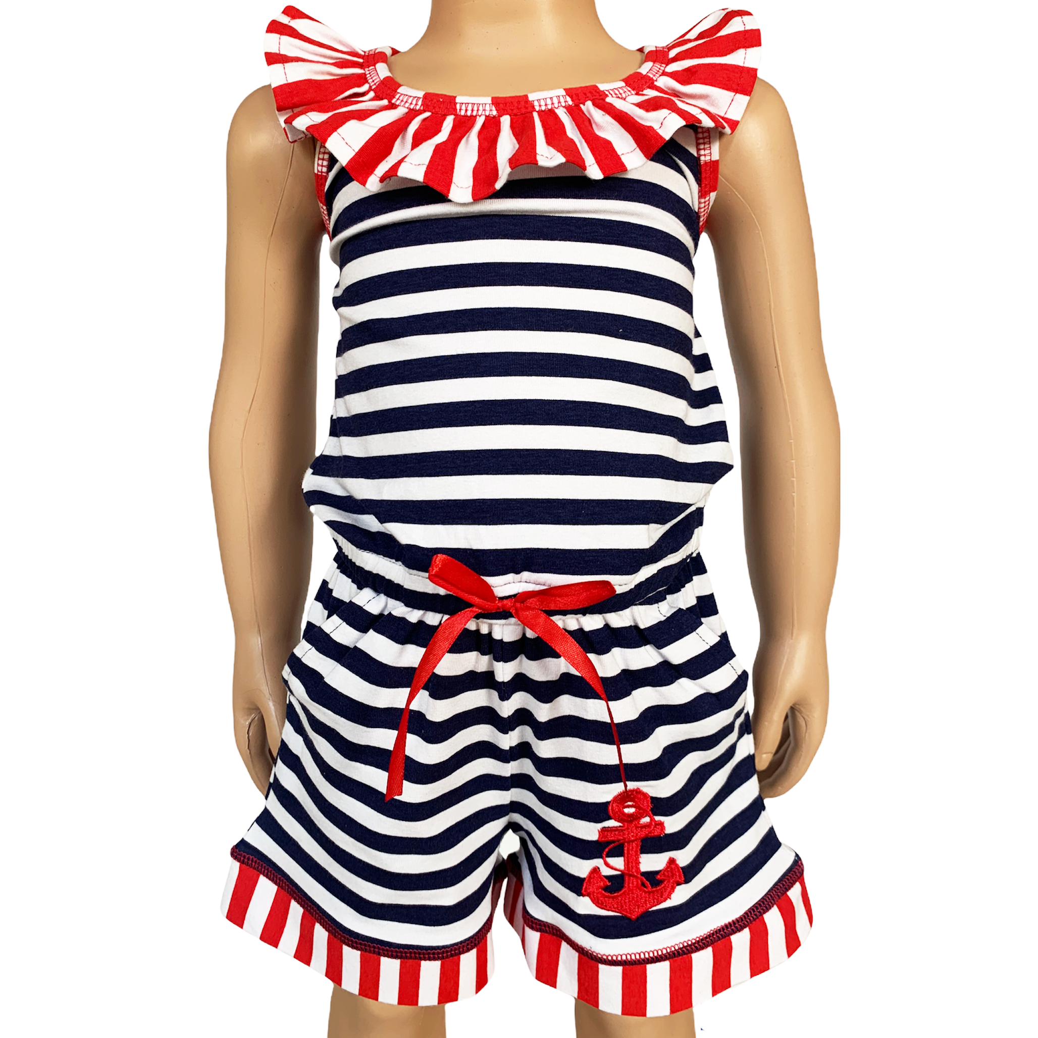 AnnLoren Girls Anchors Away Nautical Jumpsuit Summer Romper