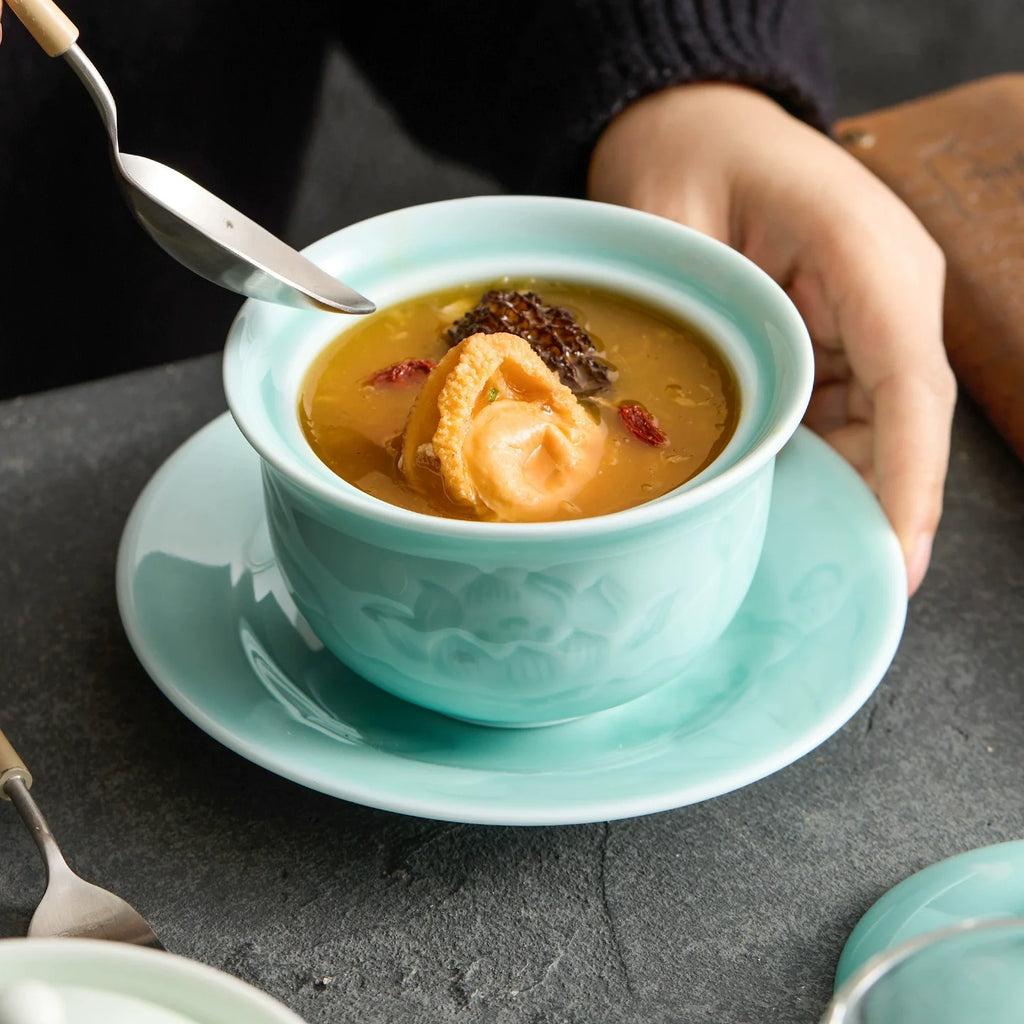 Luxury Porcelain Stewing Cup with Lid & Saucer – Single-Serve Wellness Soup Pot