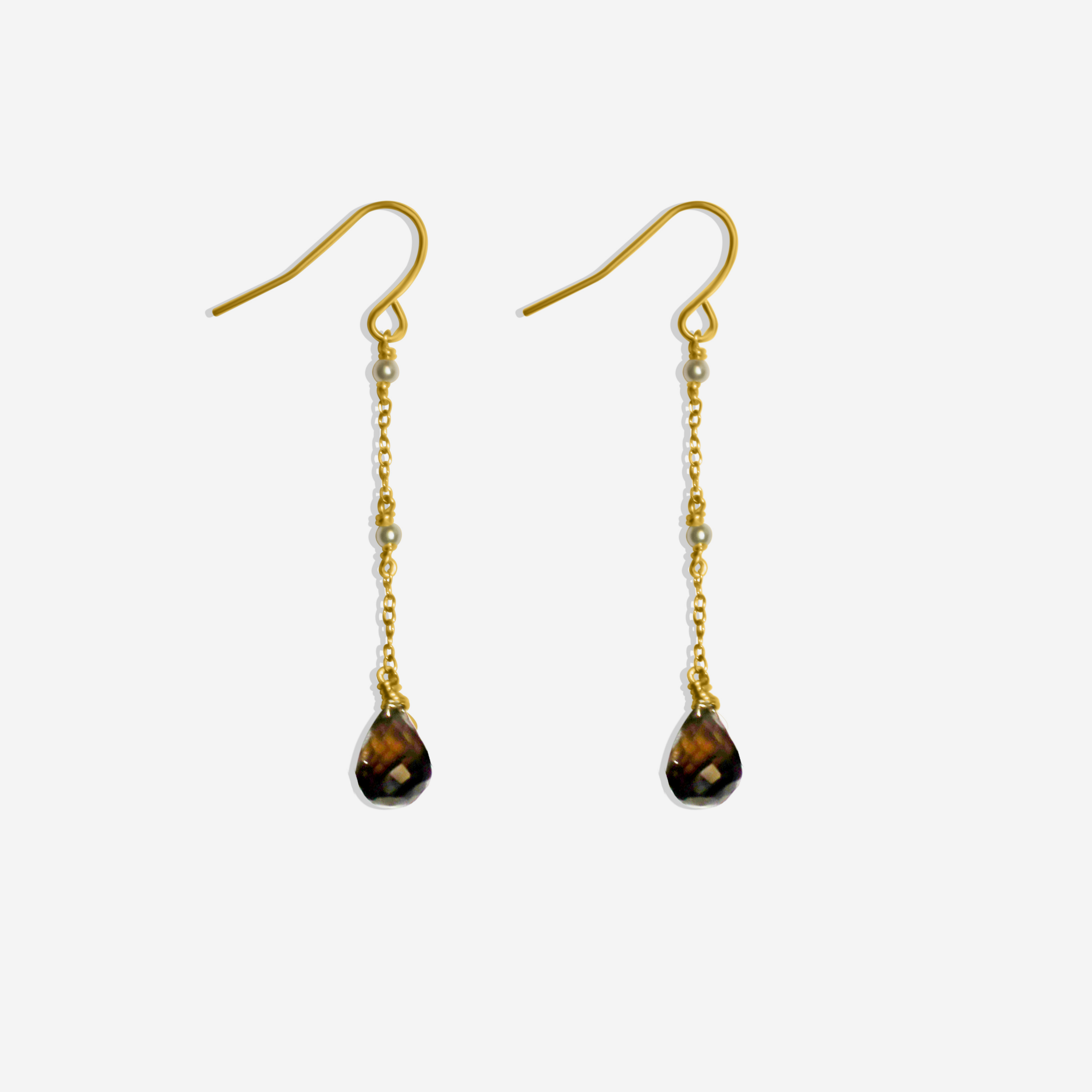 Smoky Quartz & Akoya Pearl Drop Earrings | 14K Gold
