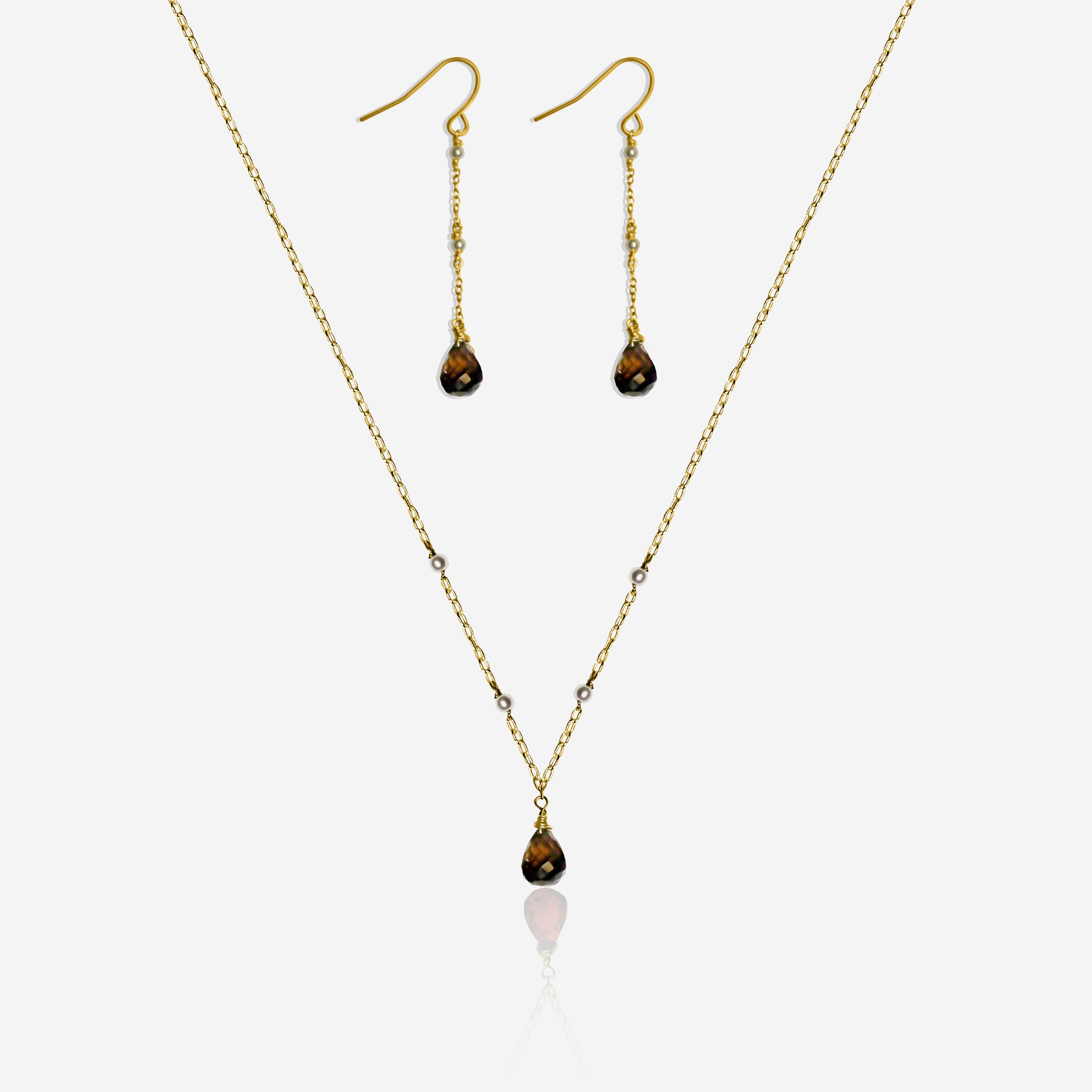 Smoky Quartz & Akoya Pearl Jewelry Set | Earrings & Necklace | 14K Gold