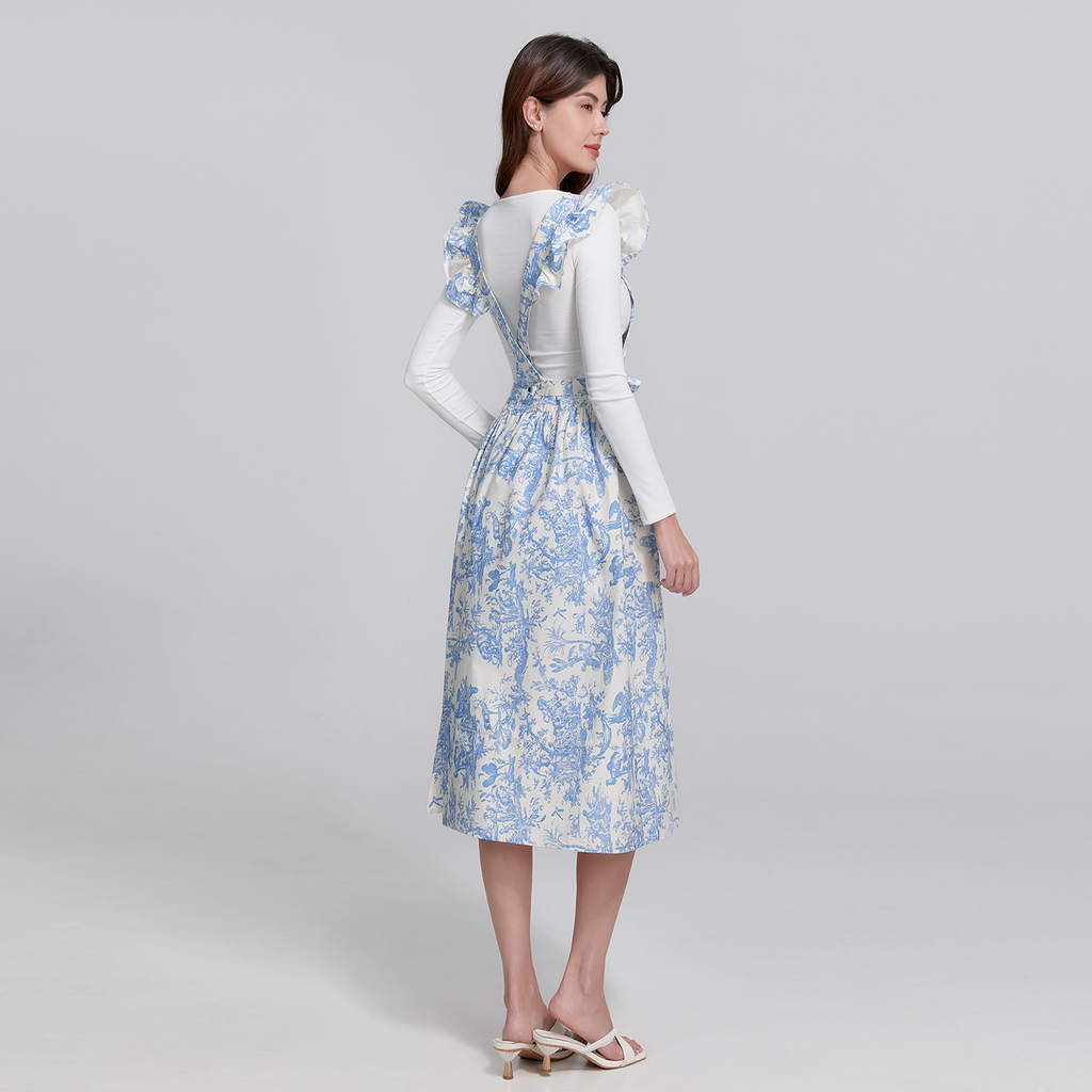 French Toile de Jouy Premium Cotton Apron with Royal Embroidery