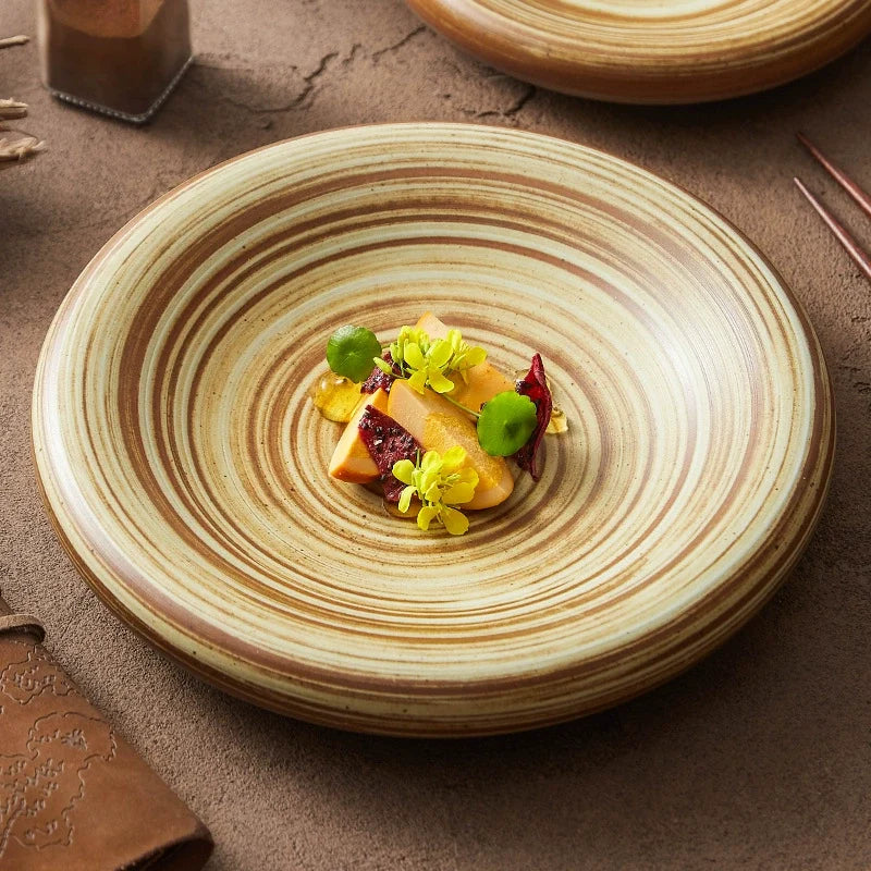 Handcrafted Spiral Stoneware Plate – Shallow Round Dish for Pasta or Salad
