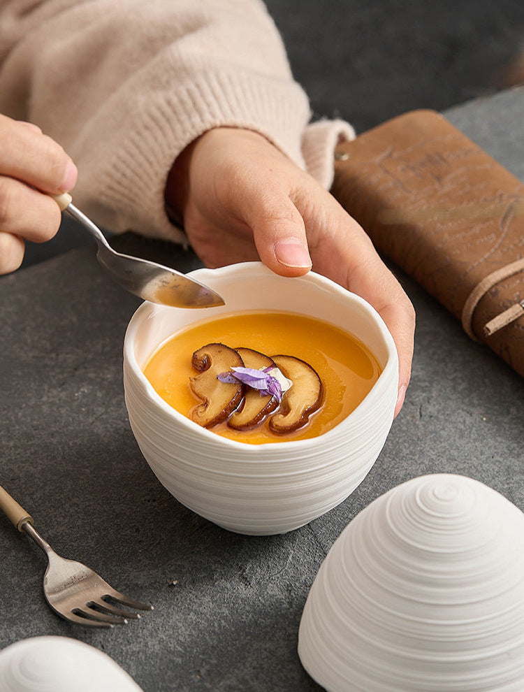 Elegant Ceramic Stew Bowl - Egg-Shaped Design with Line Pattern for Steamed Dishes & Single Servings