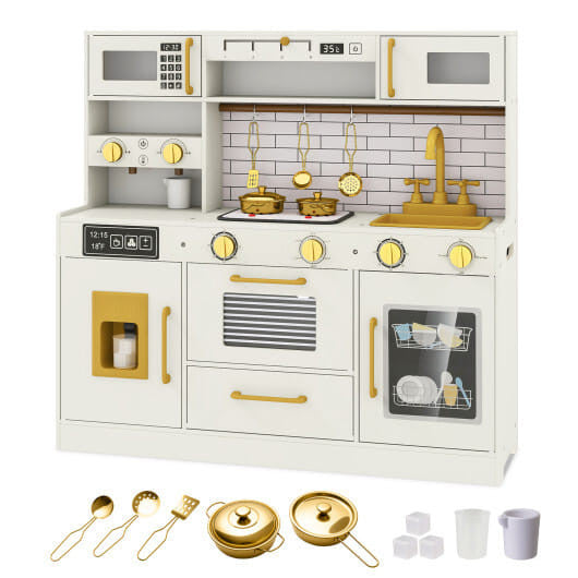 Pretend Toy Kitchen Set with Stoves and Water Dispenser-Beige