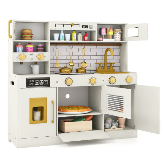 Pretend Toy Kitchen Set with Stoves and Water Dispenser-Beige