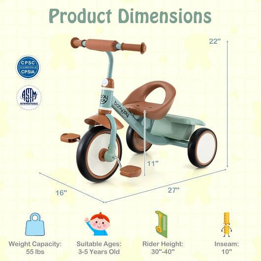 Toddler Tricycle Kids Trike with Adjustable Seat and Basket Aged 3-5 Years Old-Beige