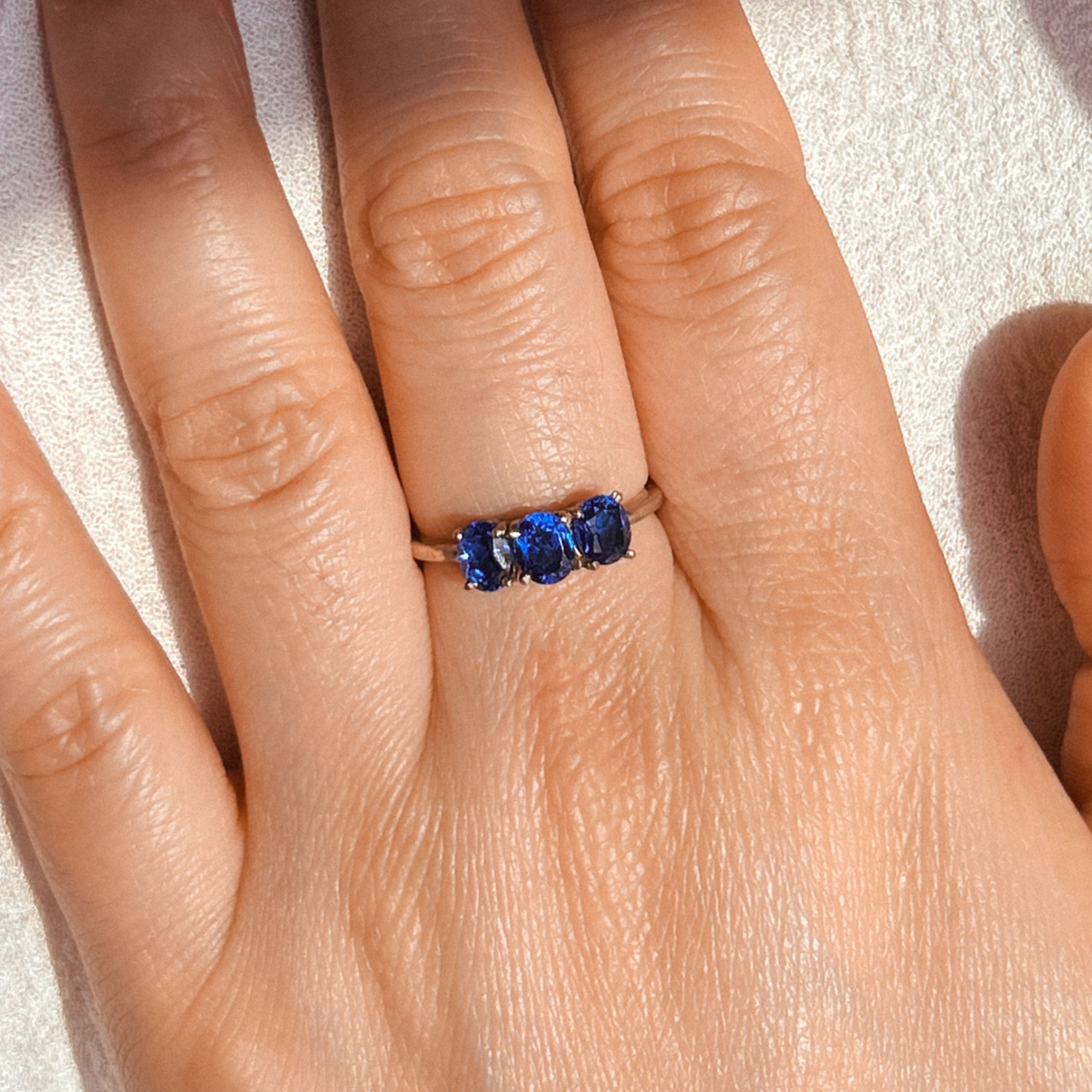 Trio Blue Sapphire Ring | 14K Gold Fine Jewelry