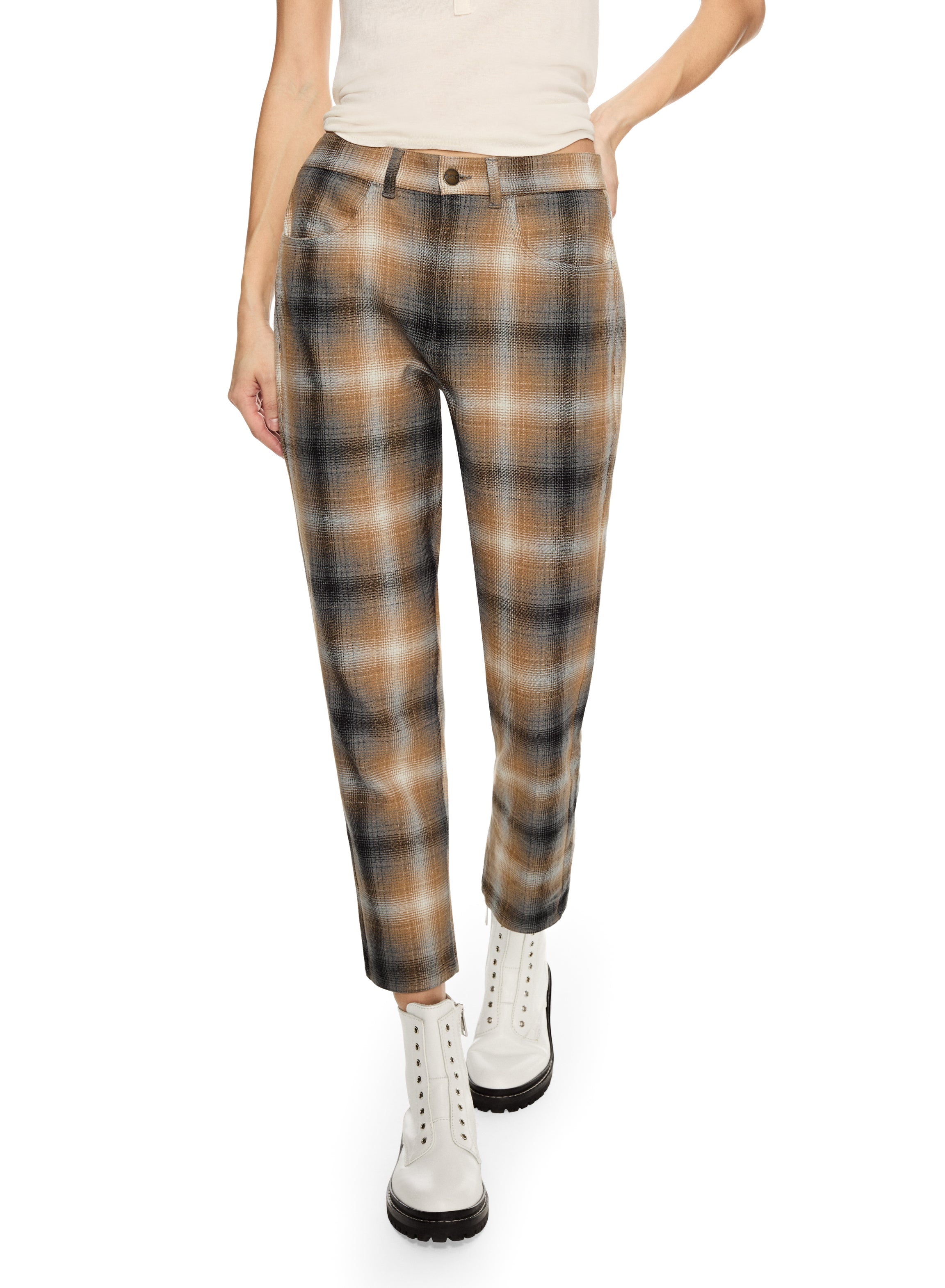 Linen-Blend Shadow Plaid Tapered Pant