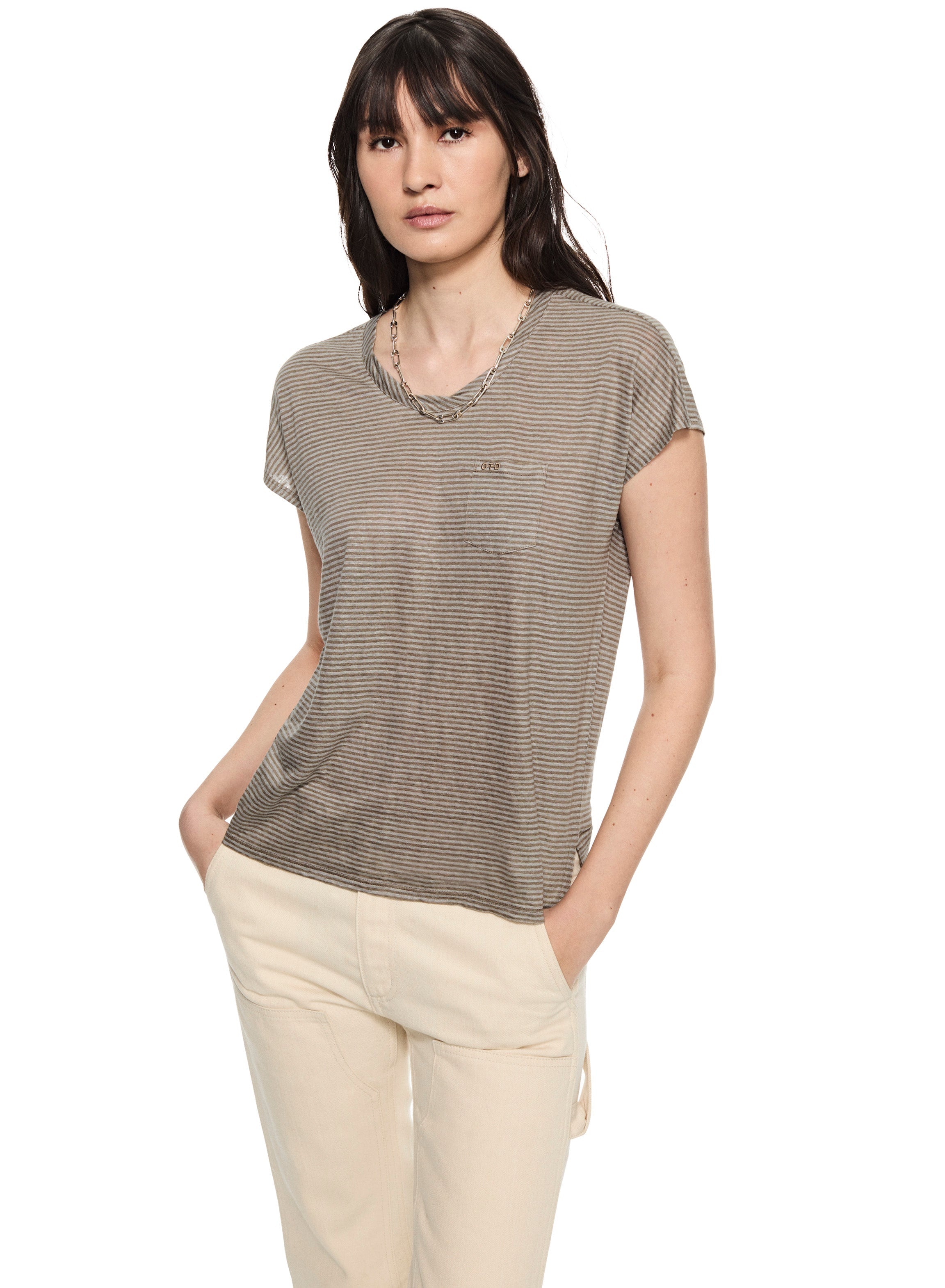 Linen Stripe Pocket Tee (Khaki)