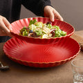 Luxury Red Ceramic Salad Bowl – Elegant Wave Edge with Golden Detailing