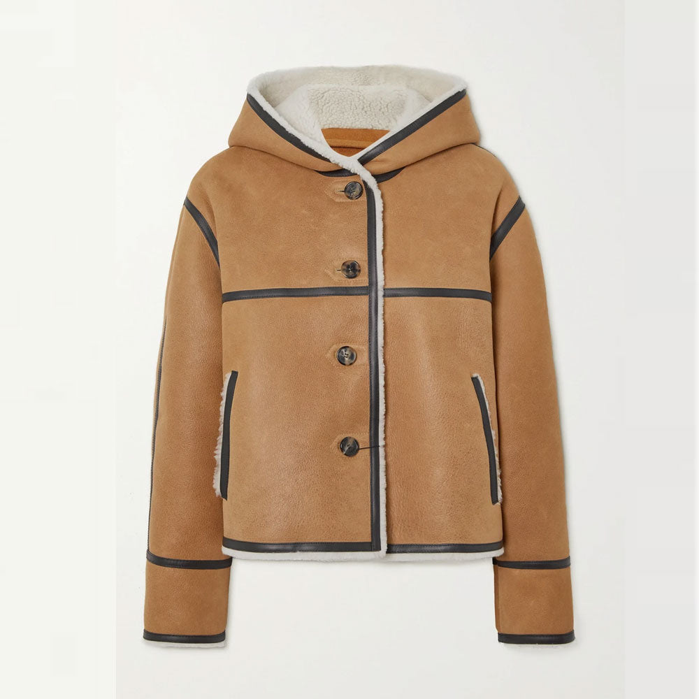 Women RAF B3 Hooded Leather-Trimmed Sheepskin Shearling Bomber Leather Jacket